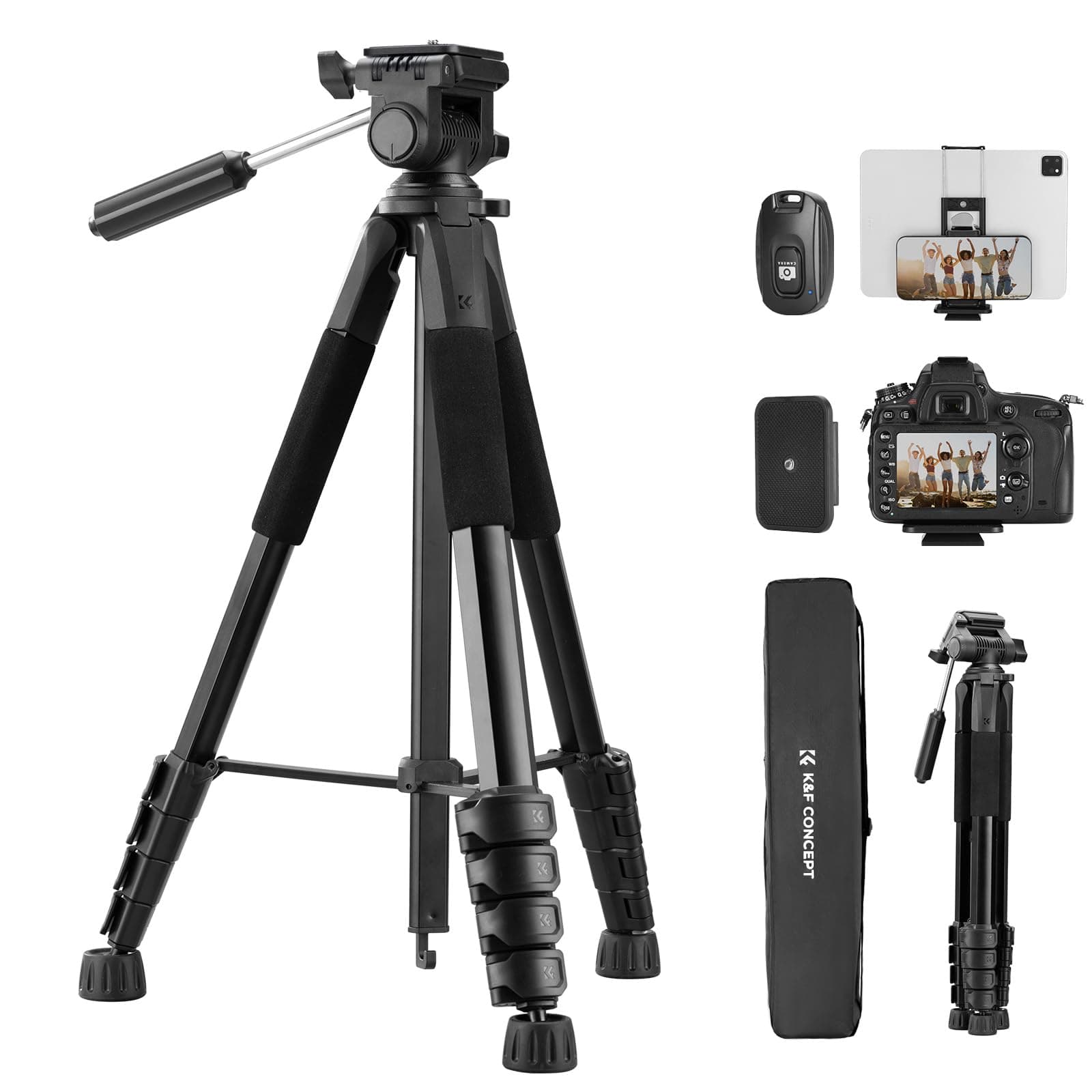 K&F CONCEPT Kamerastativ S255A3+BV01, Leichtes Stativ mit Tasche,190cm Handystativ,Tripod für Canon Nikon Sony Kamera/DSLR/Camcorder, Stativ für Smartphone,Reisestativ mit Handy-Tablet-Halterung