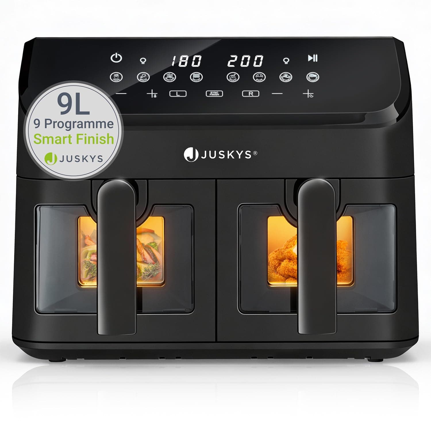 Juskys® Airfryer 9 L Doppelkammer - Heißluftfritteuse 2 Kammern, 9 Programme, beschichtet, XXL Fritteuse