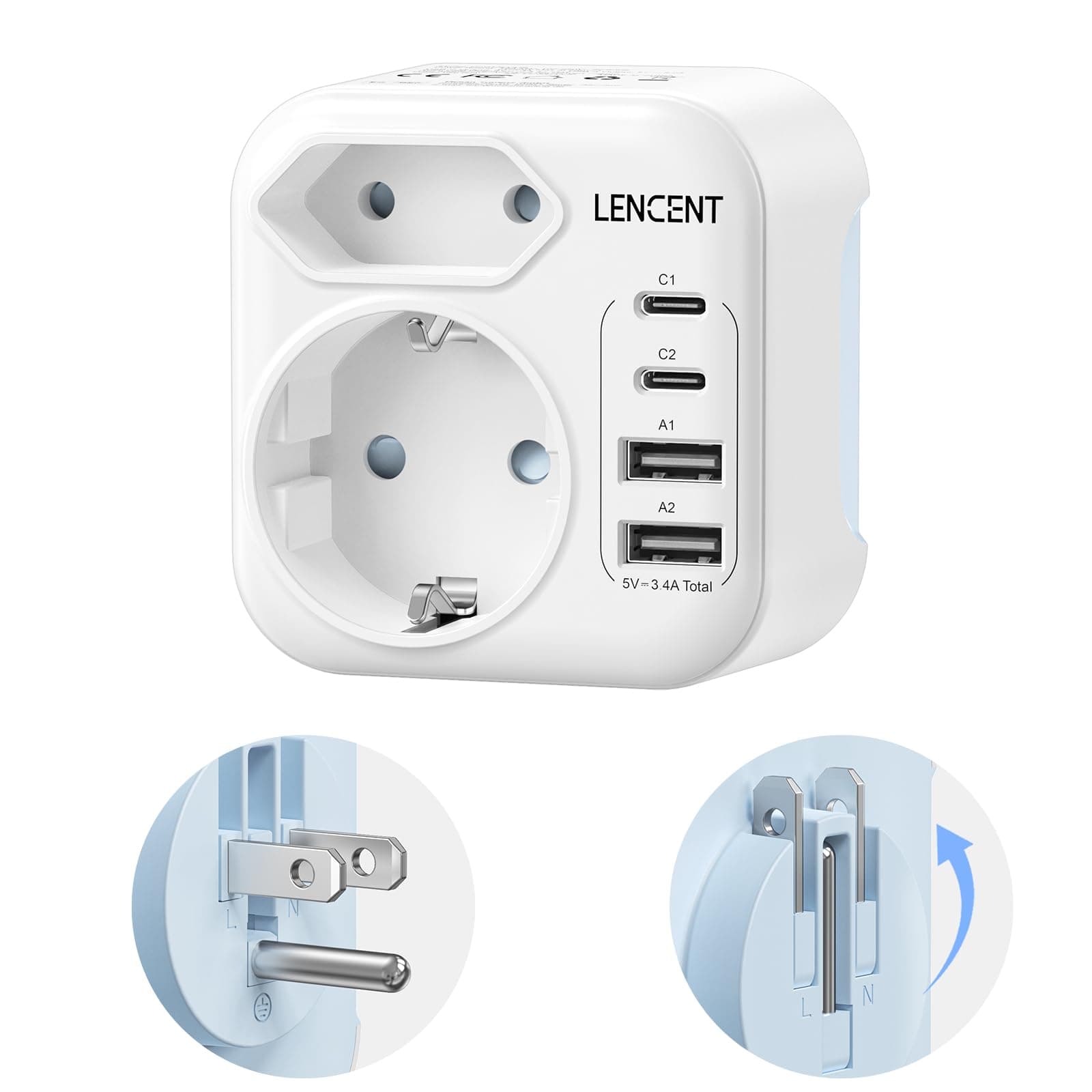 LENCENT Adaptador Enchufe USA, Cargador Americano Viaje con 2 USB-C y 2 USB-A, Adaptador Europa Portugal a EE.UU. Compacto Plegable México, Canadá, Tailandia, Perú, Colombia, Tipo B