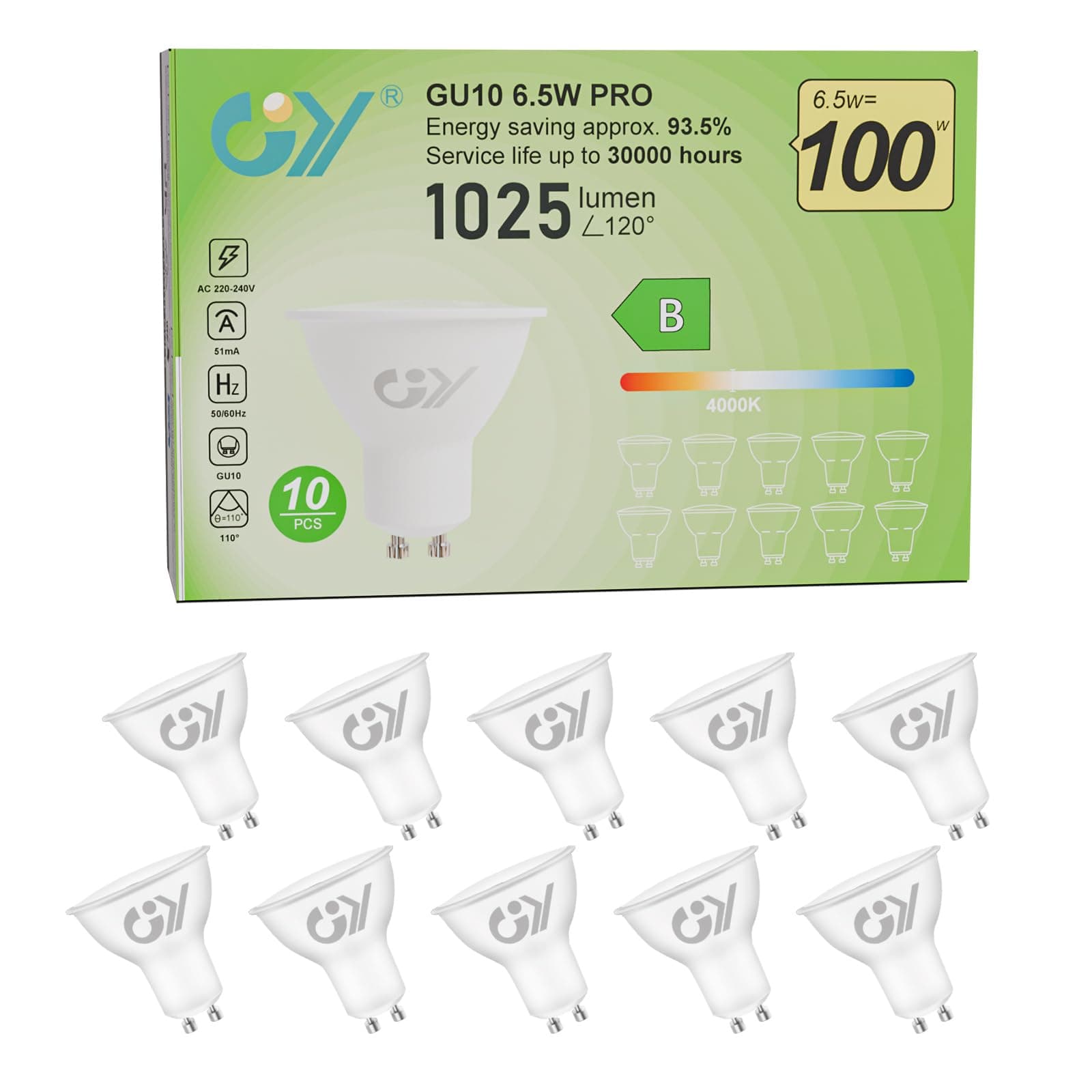 GY Bombilla LED GU10 6.5W (Eq. 100W) 1025LM 4000K Blanco Neutro, No Regulable, 110 Grados Ángulo de haz - Bombillas GU10 LED Pack de 10