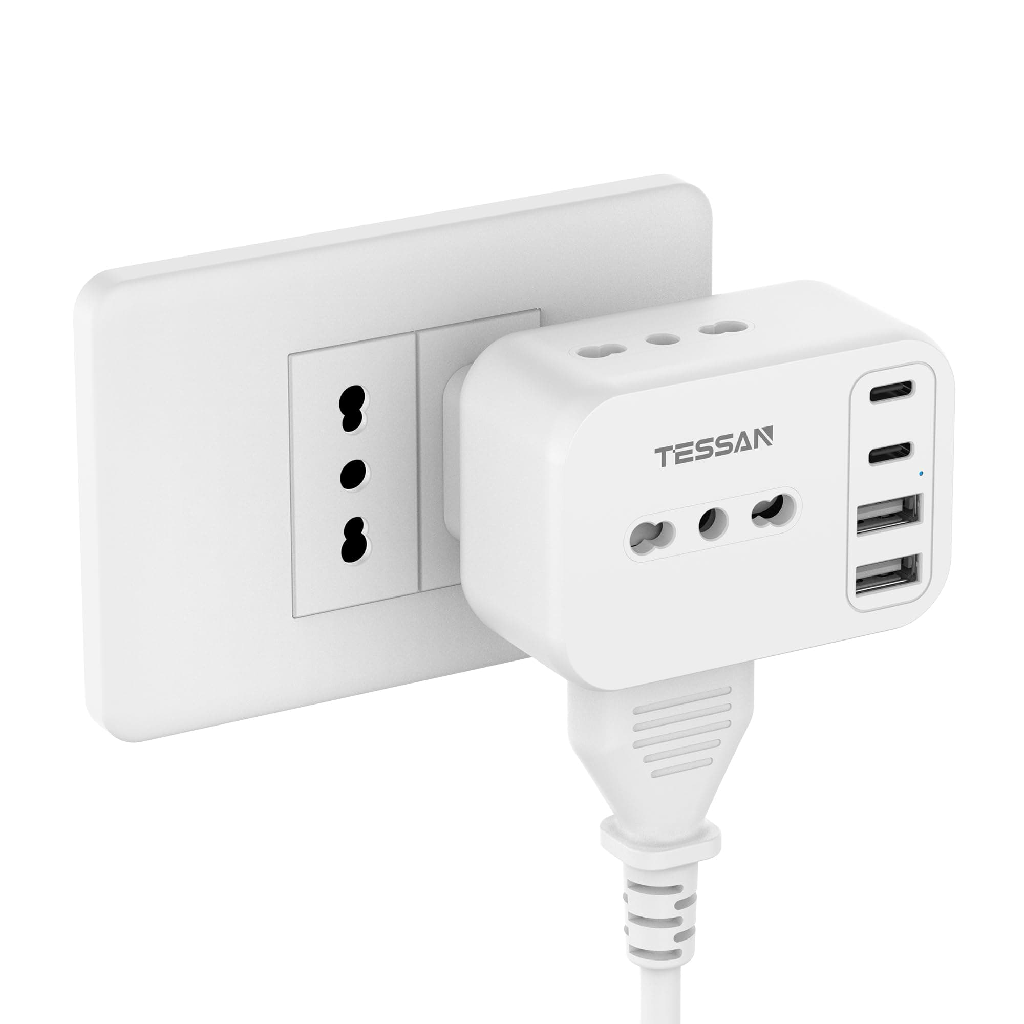 TESSAN Presa Multipla Salvaspazio da 13A, Multipresa con 4 Porte USB, 7 in 1 Multipresa da Parete, 3250W Caricabatterie USB, Tripla Presa da Muro per Casa, Dormitorio, Ufficio
