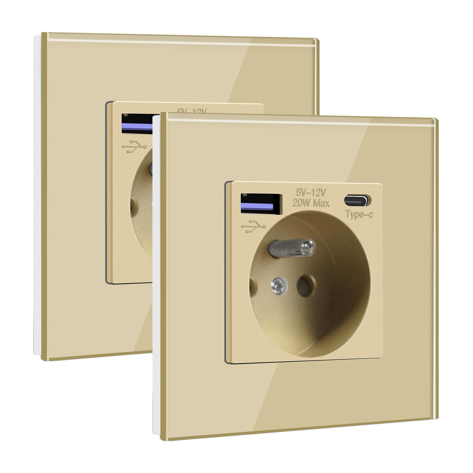BSEED Prise Murale avec USB C PD20W Or,Prise à Encastrer,16A Prise de Courant Alternatif avec Panneau en Verre,Chargeur Rapide Multiprises avec 1 USB-C 20W, Idéal pour Maison et Bureau, 2 Pack