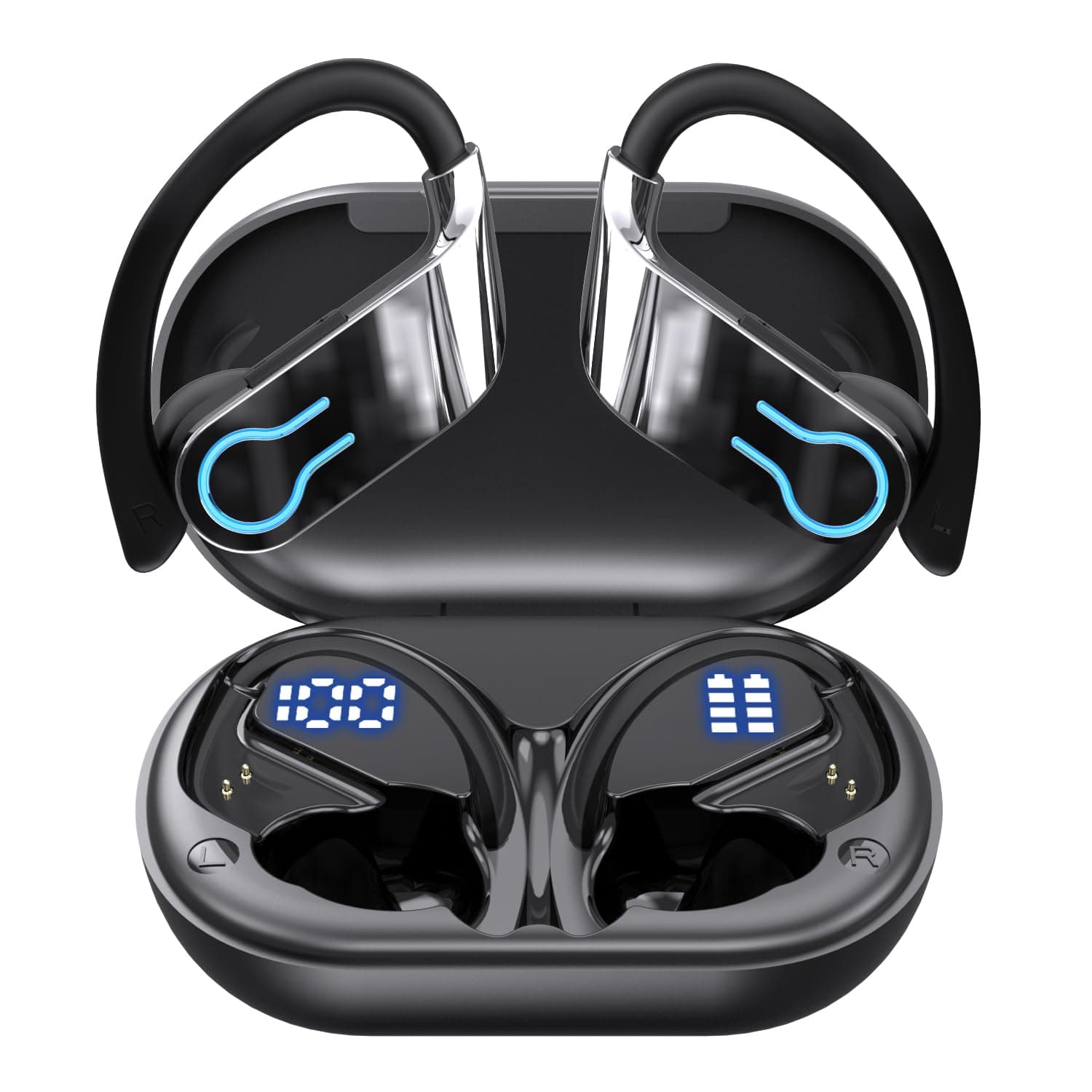 Auriculares Inalámbricos Deportivos Bluetooth 5.3 con Pantalla LED y 120H, Cascos Inalámbricos Bluetooth con Gancho para Running y Gimnasio, Auriculares Deportivos 4 Micrófonos ENC IPX7 Impermeable
