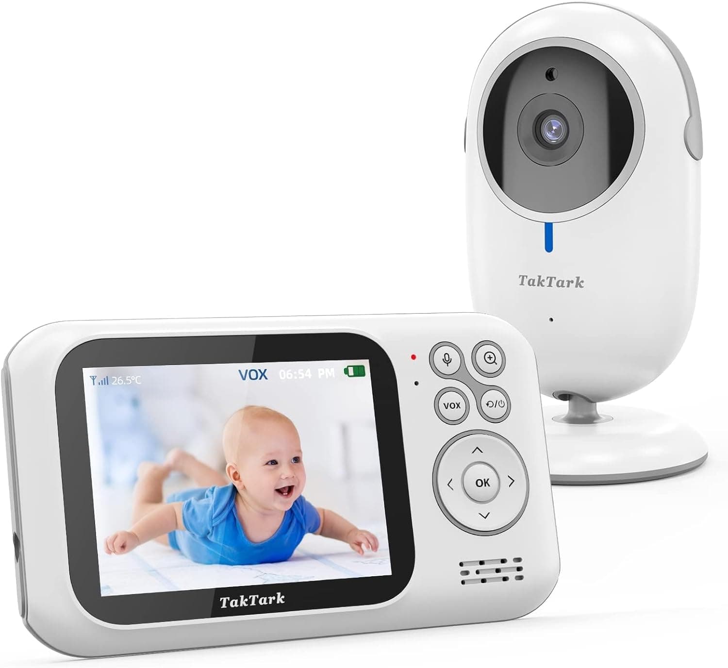 TakTark Camara Vigilancia Bebe, Vigilabebes con Camara 3.2'' IPS Inalambrica, Intercomunicador Bebe Comunicación Bidireccional, VOX y Visión Nocturna, Zoom Digital, Sensor de Temperatura