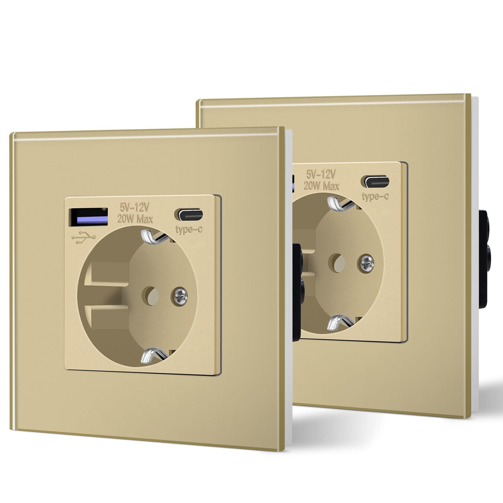 BSEED Enchufe Pared con 20W USB y Tipo C,Enchufe USB C de Cristal,Carga Rápida,3 en 1,Fácil Instalación,1 Enchufe-2 Pack,86mm Oro