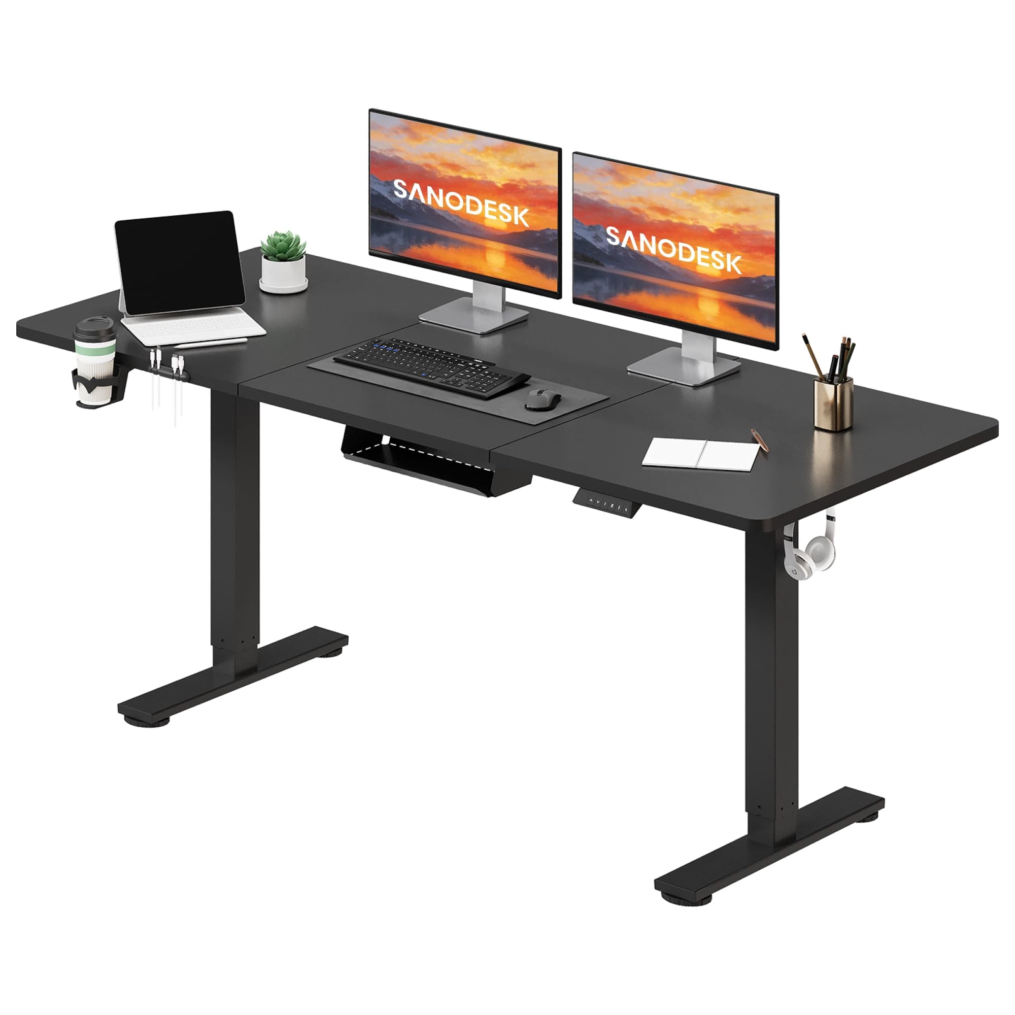 SANODESK 160 x 60 cm Escritorio Elevable Eléctrico con Tablero Escritorio Regulable en Altura Eléctrico Telescópico Bidireccional con Control de Memoria y Tecnología Anticolisión (Negro)