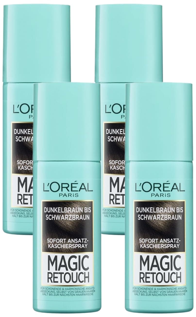 L'Oréal Paris Ansatz-Kaschierspray für stufenlose und natürliche Übergänge, Kaschiert bis zur nächsten Haarwäsche, Magic Retouch, Dunkelbraun bis Schwarzbraun, 1 x 75 ml (Packung mit 4)