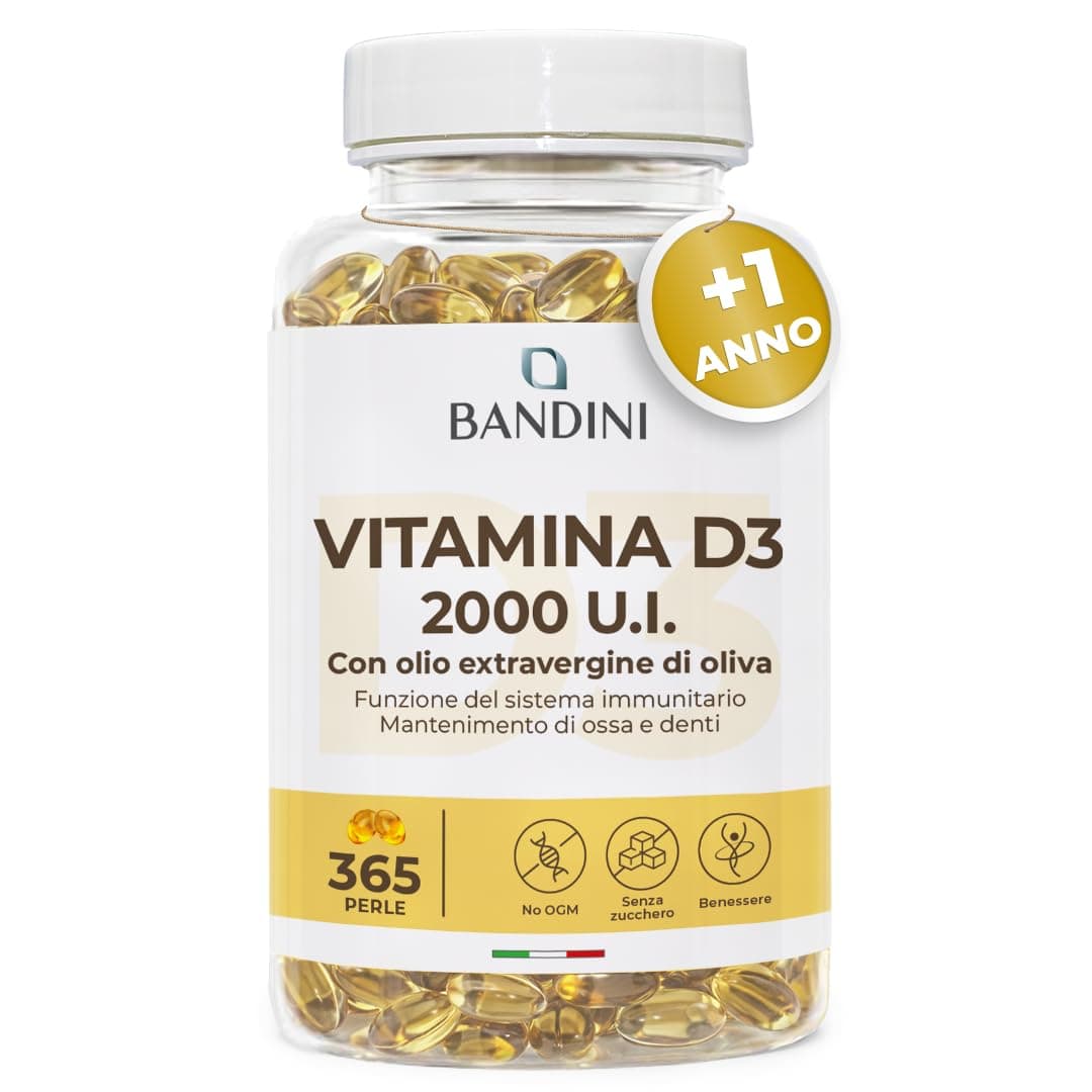 Bandini® Vitamina D3 2000 UI 365 Softgels, Alto Dosaggio 50μg, Vitamine D Colecalciferolo in perle, In Olio Extravergine di Oliva per Assorbimento Ottimale, Ossa, Denti, Muscoli, Sistema immunitario