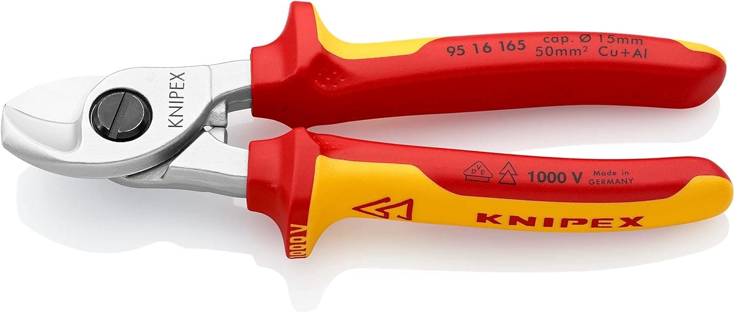KNIPEX Kabelschere, 165 mm, VDE, für Cu- und AI-Kabel bis 15 mm (50 mm²), Einhandbedienung,Kabelschneider, 95 16 165