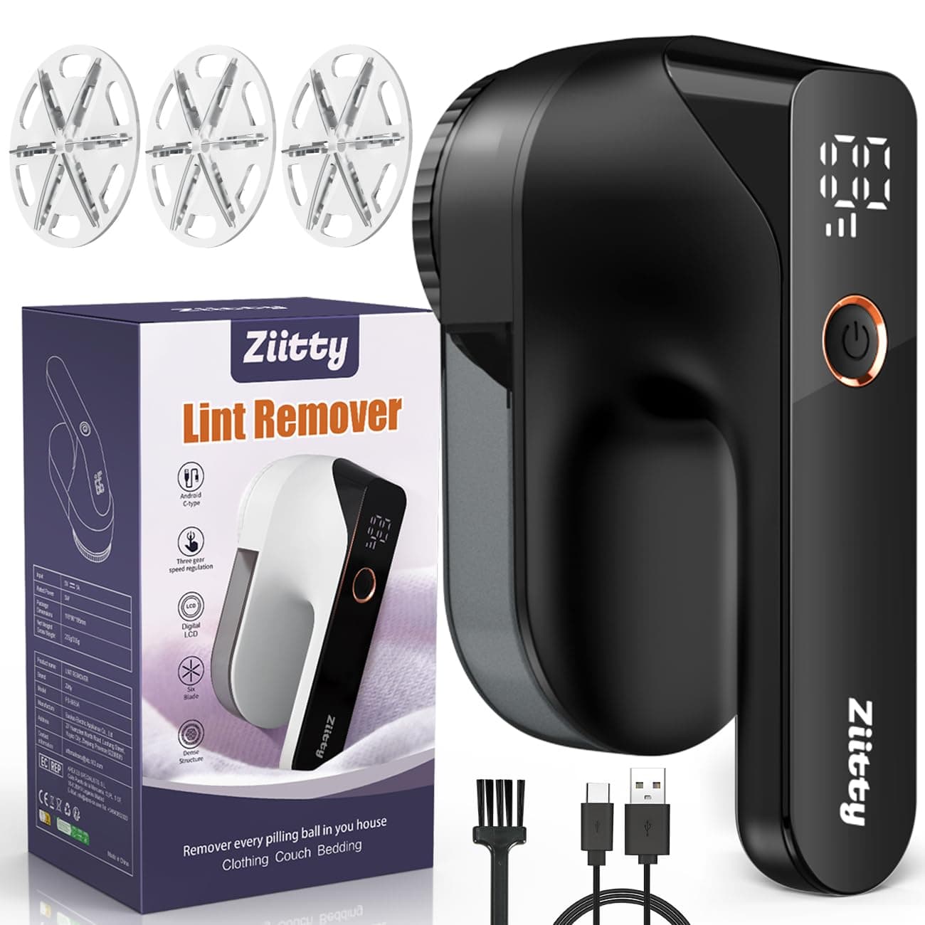 Ziitty Rasoir Anti Bouloche Électrique Écran LCD, Rechargeable Câble Type-C, 3 Niveaux de Puissance Réglables, Tête à 6 Lames Fraise à Peluches, Idéal Vêtements Canapés Couvertures Rideaux Noir