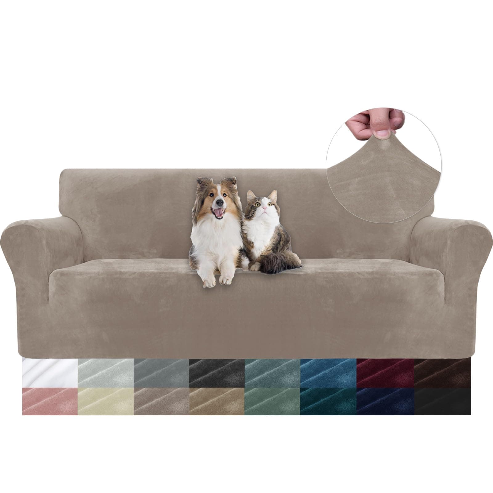 YSTELLAA Housse De Canapé en Velours 3 Places, Sofa Cover Extensible, Universelle Housse pour Canapé avec Accoudoirs, Protection Griffures, Antidérapant, Lavable, Kaki