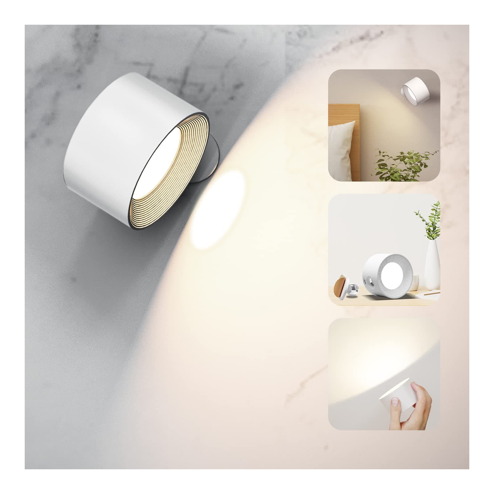 Coollamp Lámpara de pared LED, Apliques Pared Interior con Batería recargable 3 modos de color Regulable Rotación de 360 grados Control táctil, Aplique a pilas para leer junto a la cama Blanco