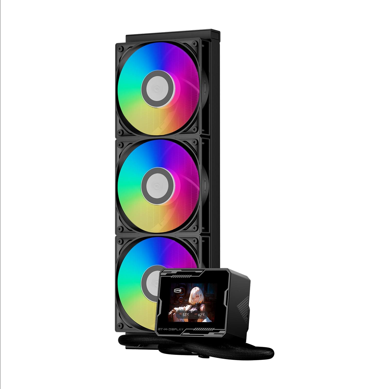 CPS GT360M ARGB Display BK, Refroidisseur CPU AIO TDP 300W avec écran IPS de 2,8 pouces, Système de refroidissement liquide avec 3 ventilateurs ARGB PWM, pour Intel LGA 1851/1700/1200 et AMD AM5/AM4