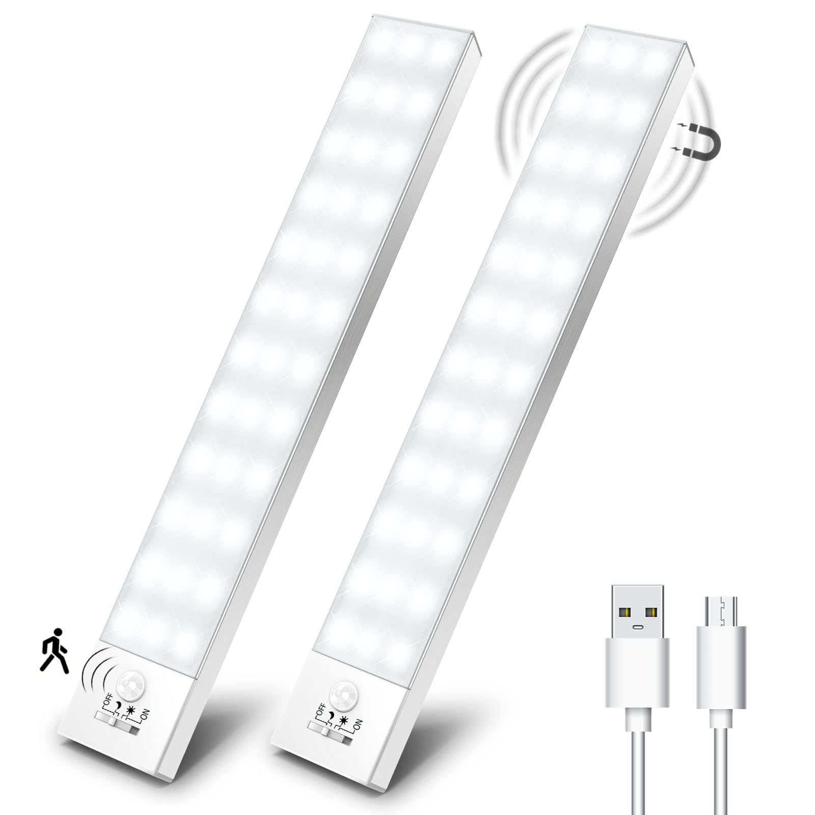 OUILA Luce Armadio LED con Sensore di Movimento Luci Notturna 36 LED 4 Modalità Lampada Guardaroba Luce da Esposizione 1000mAh USB Ricaricabile Cucina, Scale, Corridoio, Garage - 23cm*2 Pezzi