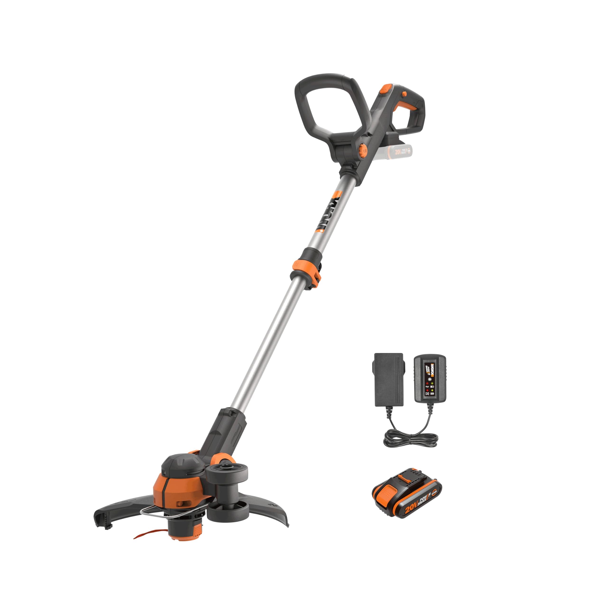 WORX WG163E.1 20V Akku-Rasentrimmer – Inkl. Li-Ion Akku, Ladestation, Spule, Sicherheitsschutz und Rad zum Kantenschneiden, 30 cm Schnittdurchmesser