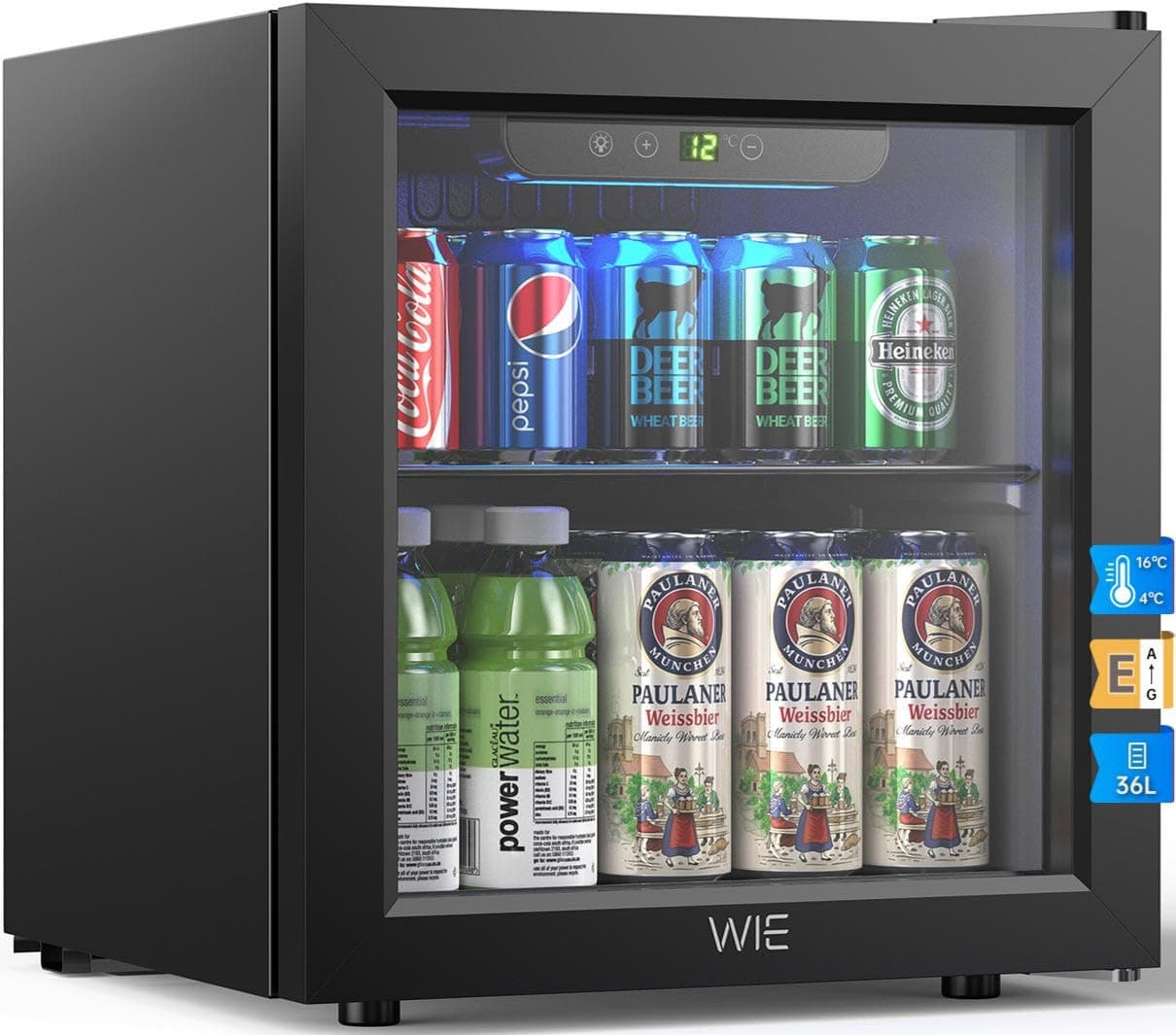 WIE Mini Frigo 36L con Compressore, Frigo Vetrina 55 Lattine, Temperatura Regolabile 4-16°C, Porta in Vetro, Silenzioso 43 dB, Classe E, LED, Porta Reversibile - Per Casa, Ufficio, Bar, Camper