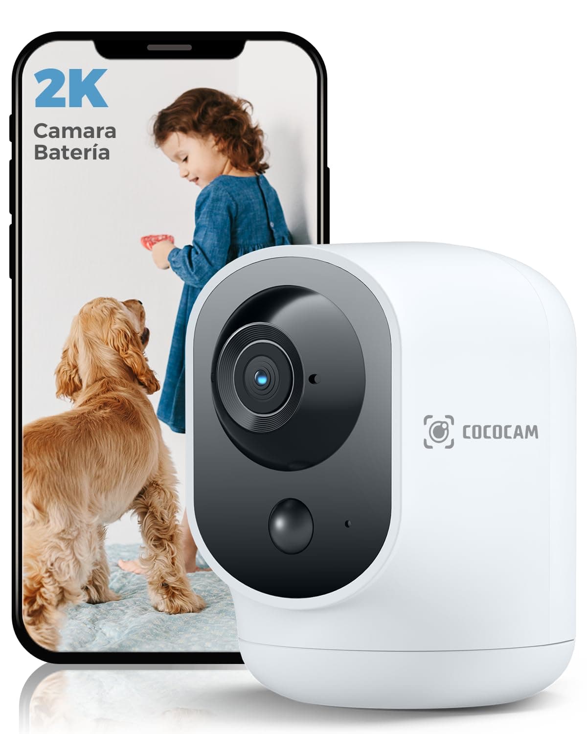 COCOCAM 2K Camara Vigilancia WiFi Interior Sin Cable con Batería 5200mAh, 355°P 90°T, Inalámbrica para Bebés Mascotas Cuidado Ancianos, Reconocimiento AI, Detección Humana PIR (1, Blanco)