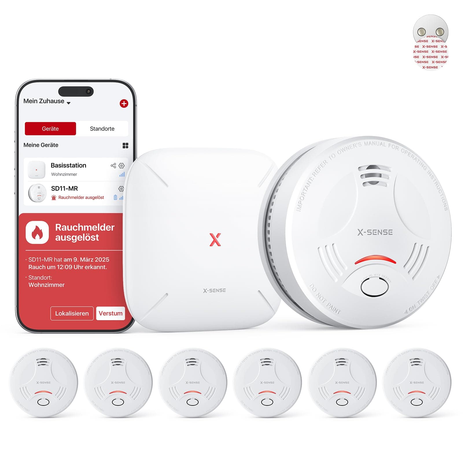 X-Sense Smart-Rauchmelder WLAN mit Magnethalterung, Zertifiziert nach EN 14604, Rauchmelder vernetzt, App-Steuerung, mit Basisstation SBS50, funkvernetzter Feuermelder, SD11-MR61, 6 Stück