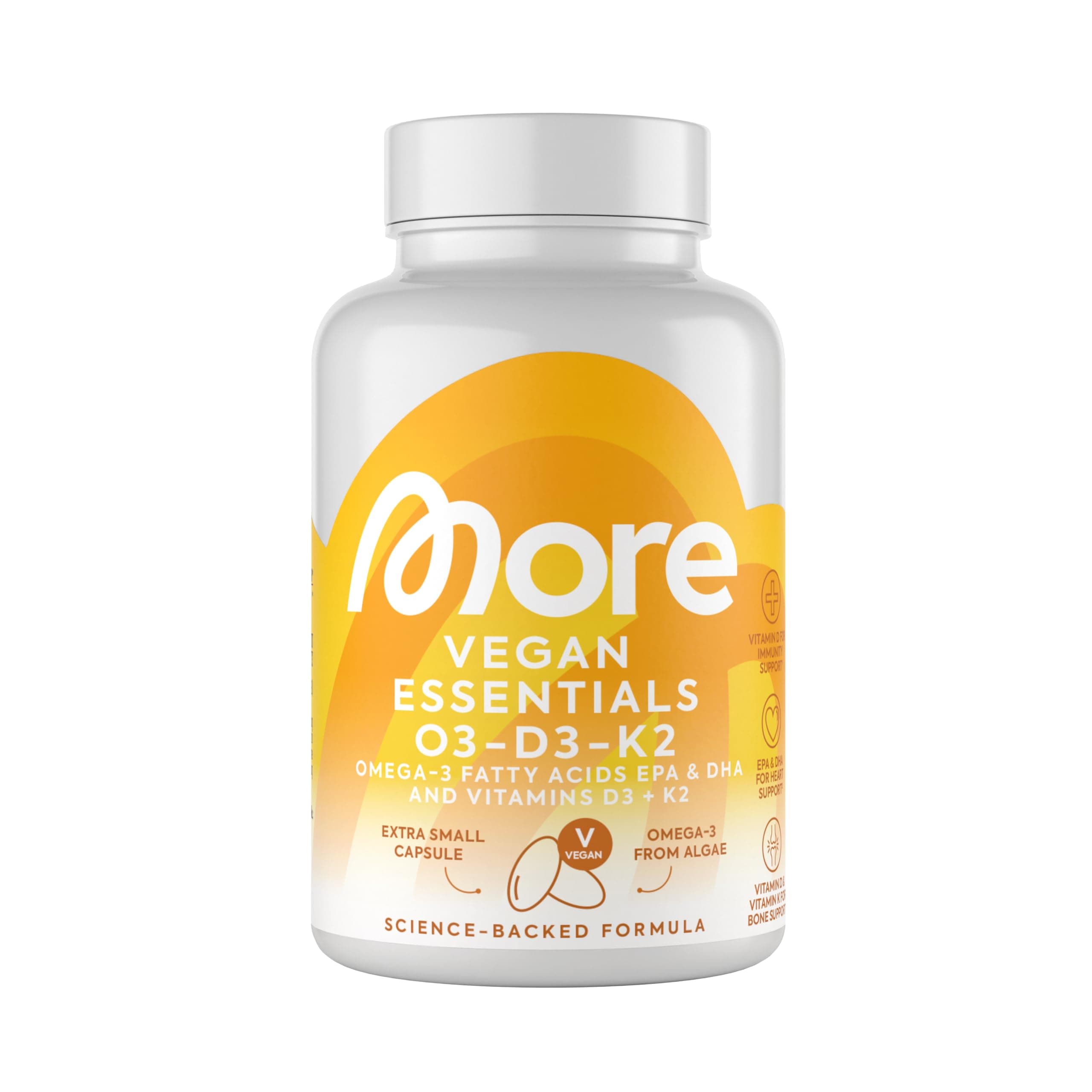 MORE Vegan Essentials O3-D3-K2, 80 Kapseln - Veganes Omega 3 aus Algenöl, mit Vitamin D3 & Vitamin K2, Kapselhülle aus Stärke (Design kann variieren)