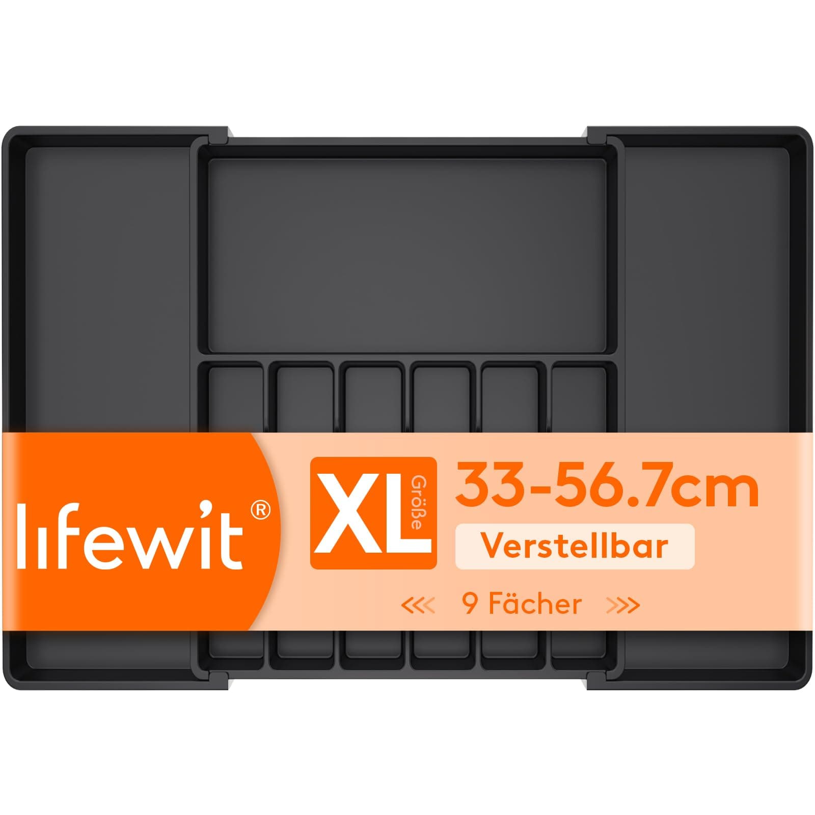 Lifewit Besteckkasten für Schubladen 40 50, verstellbarer Kunststoff Organizer Küche Tiefe 47 cm, Besteckeinsatz 6-8 Fächer, erweiterbar bis 84 cm, für Löffel, Gabeln und Geschirr, Schwarz