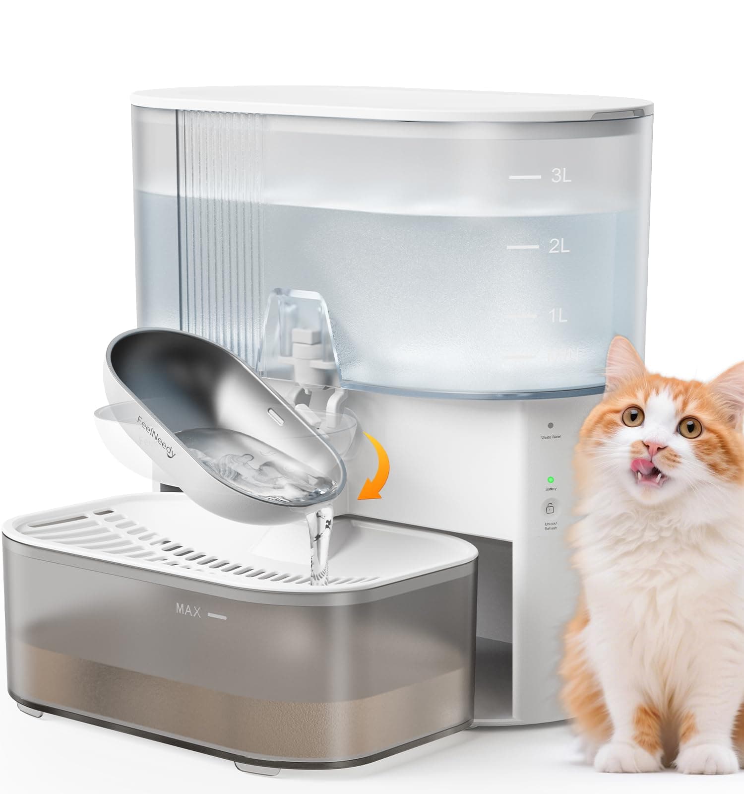 FEELNEEDY Fuente para Gatos Sin Filtro e Inalámbrica con Batería 2000mAh, Separa el Agua Limpia del Agua Usada, Cuenco de Acero Inoxidable, Bebedero Gatos Sin Cable 3,5L, Blanca