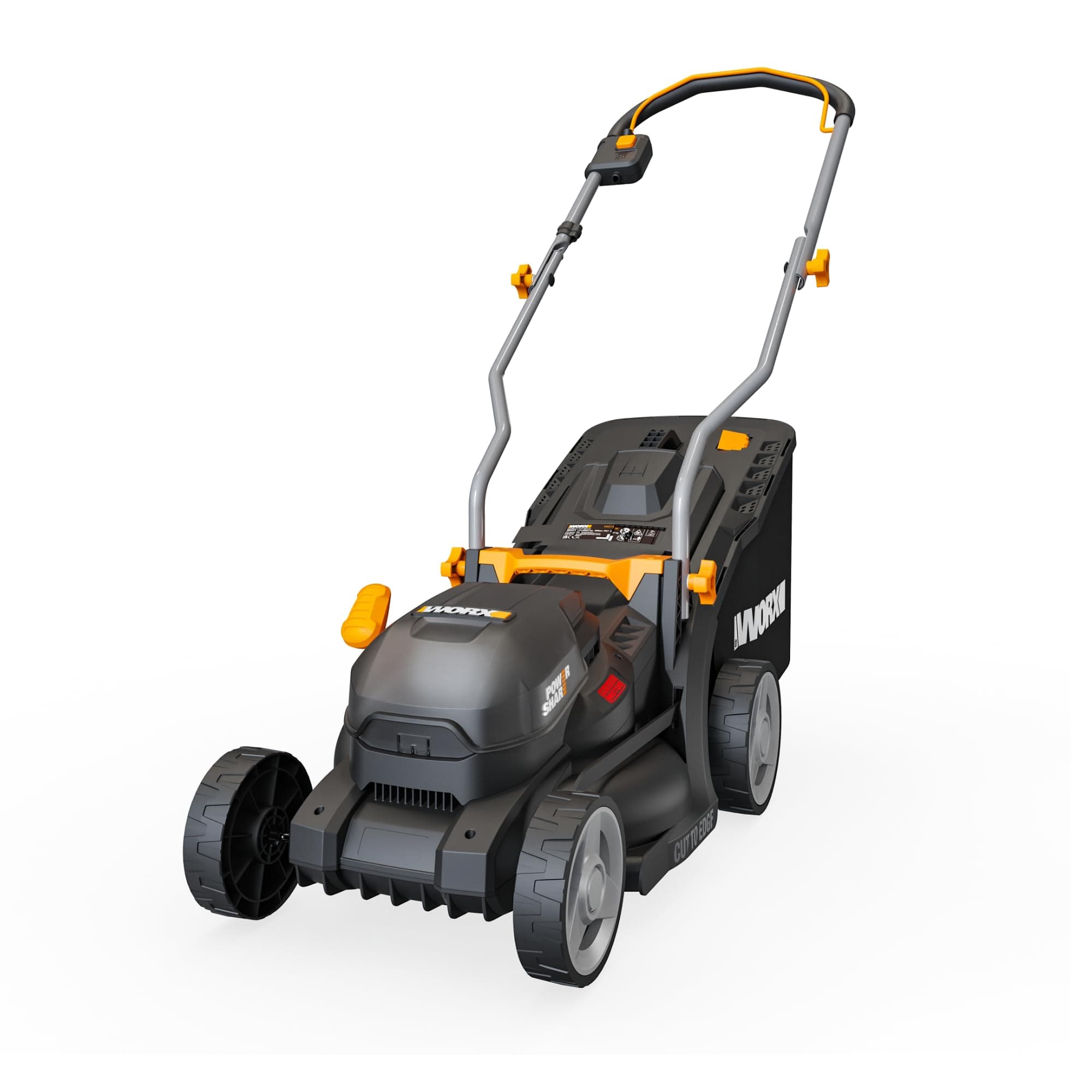 WORX WG733E - Cortacésped inalámbrico de 20 V, Superficie máxima de 250 m², Hoja de 33 cm, contenedor de 35 L, Corte en los Bordes, 6 Alturas de Corte, Mango Plegable, una batería de 4 Ah y Cargador