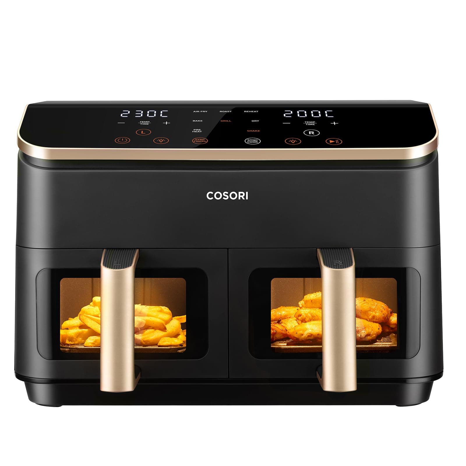 COSORI Friggitrice ad Aria Doppio Cestello, 8,5 Litri Grande Capacità del Air Fryer, Funzione 8 in 1, 35-230°C, Veloce ed Efficiente, Finestra, CAF-R903, Oro