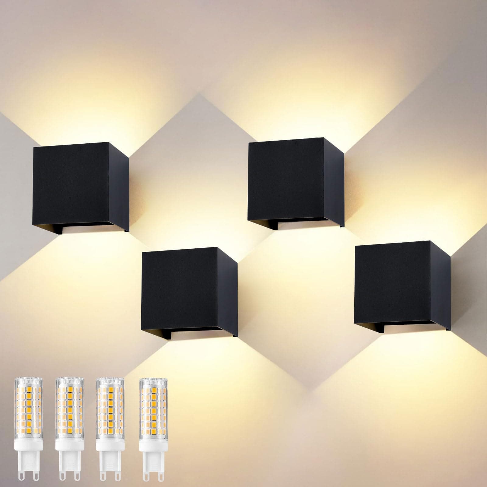 wisdom line Applique da Parete Interno/Esterno 4 Pezzi, 9W 3000K Bianco Caldo, IP65 Impermeabile, Angolo Illuminazione Regolabile 0-120°, Moderna per Corridoio Camera da Letto Bagno, Nero