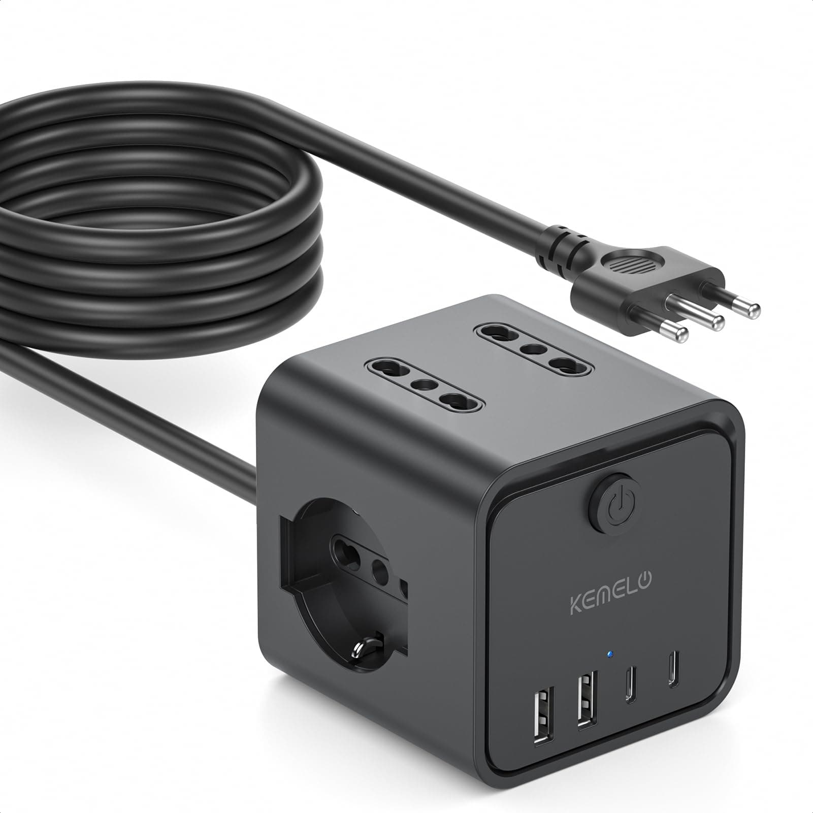 Ciabatta Elettrica Multipresa con 4 Prese Universali 10/16A ITA e Schuko,3 M Prolunga Elettrica con 2 USB A+2 USB C,Presa Multipla Spina Piatta Salvaspazio con Interruttori per Casa, Ufficio Nero