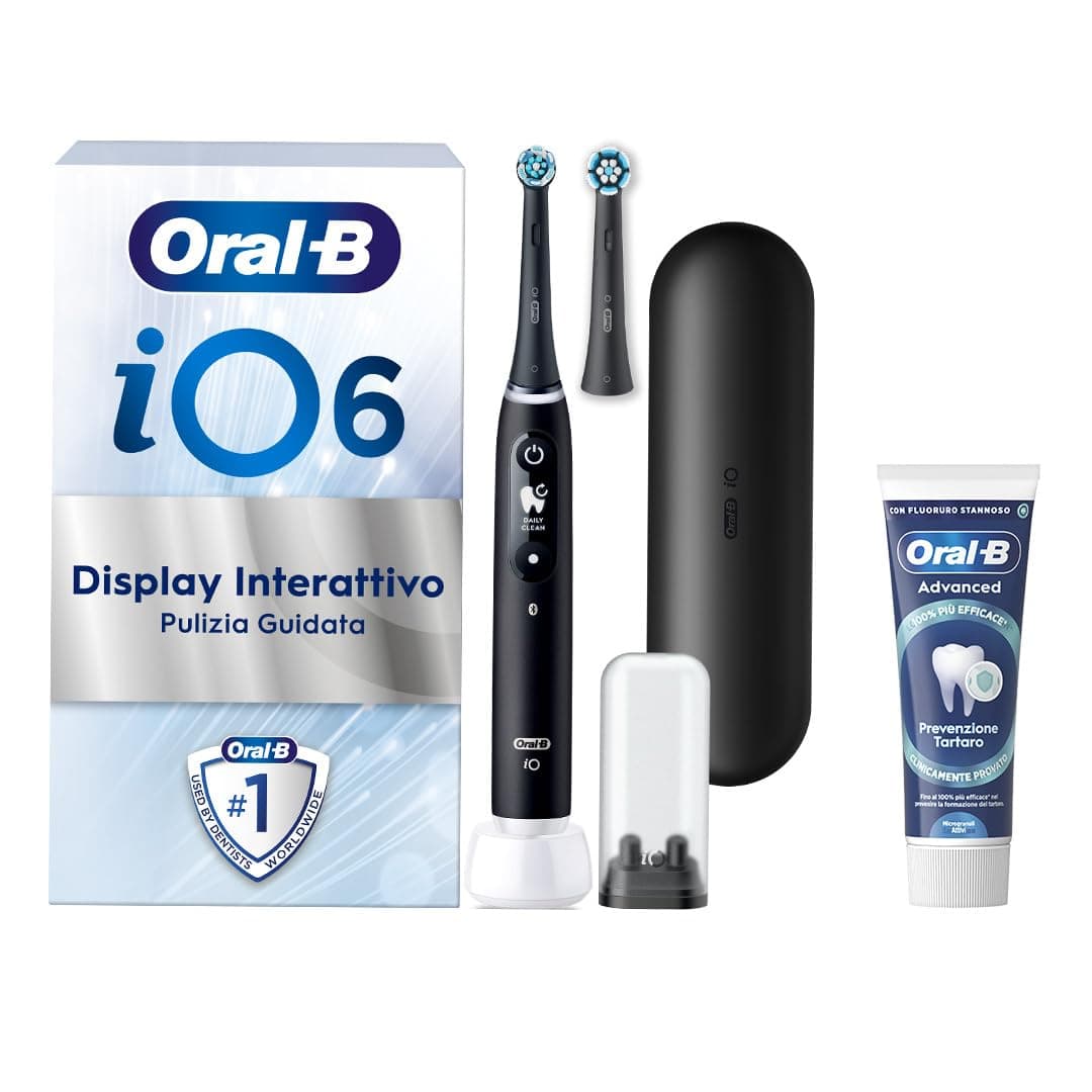 Oral-B Spazzolino Elettrico Ricaricabile iO 6N Nero, 1 Spazzolino Elettrico, 2 Testine Di Ricambio, Custodia Da Viaggio + 1 Dentifricio Oral B Advanced Prevenzione Tartaro, la confezione può variare