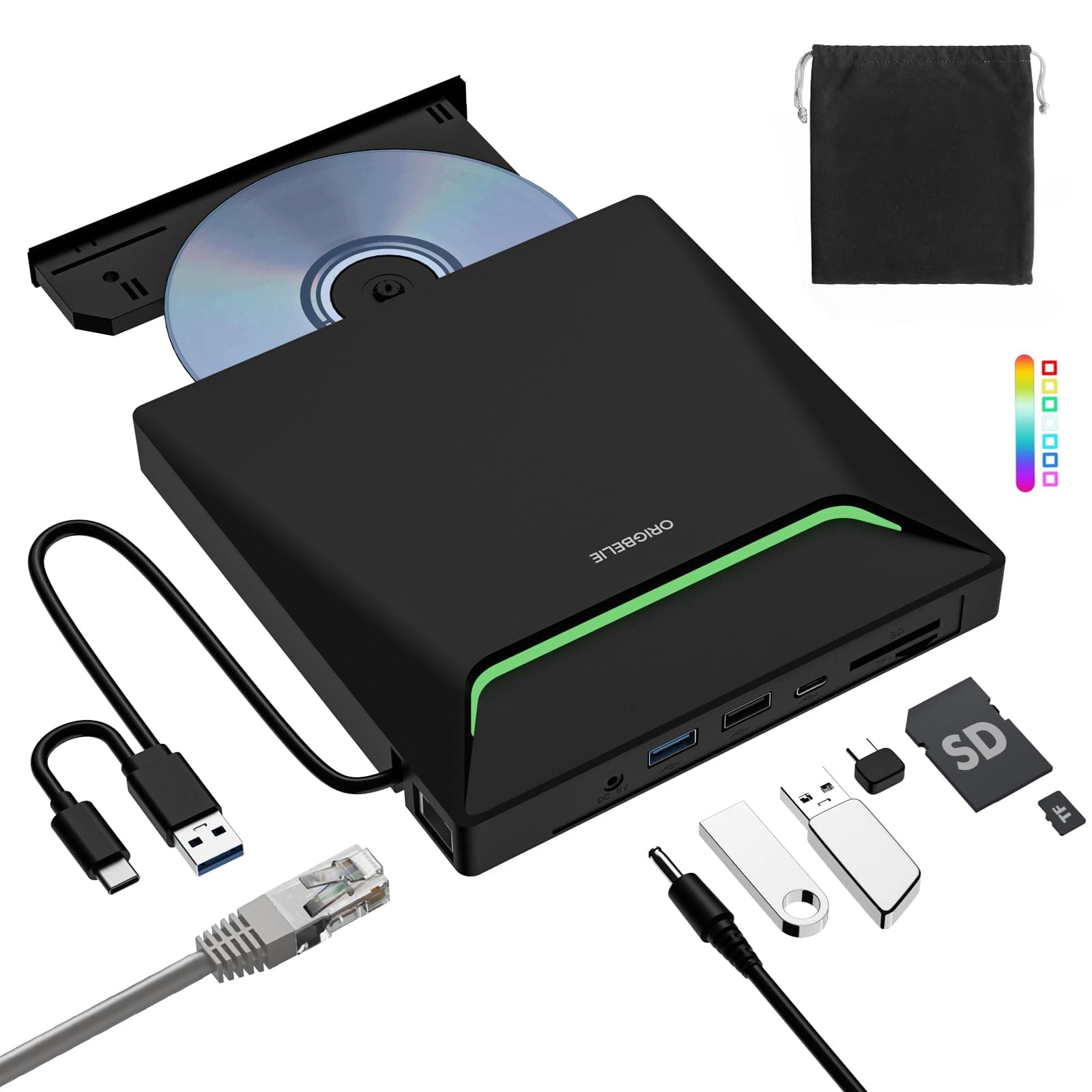 ORIGBELIE Grabadora DVD Externa, USB 3.0 Unidad Externa CD DVD con Adaptador Ethernet RJ45, 3 Puertos USB y 2 Puertos para Tarjetas TF/SD, Lector CD Externo para Portátiles PC Windows Linux Mac OS
