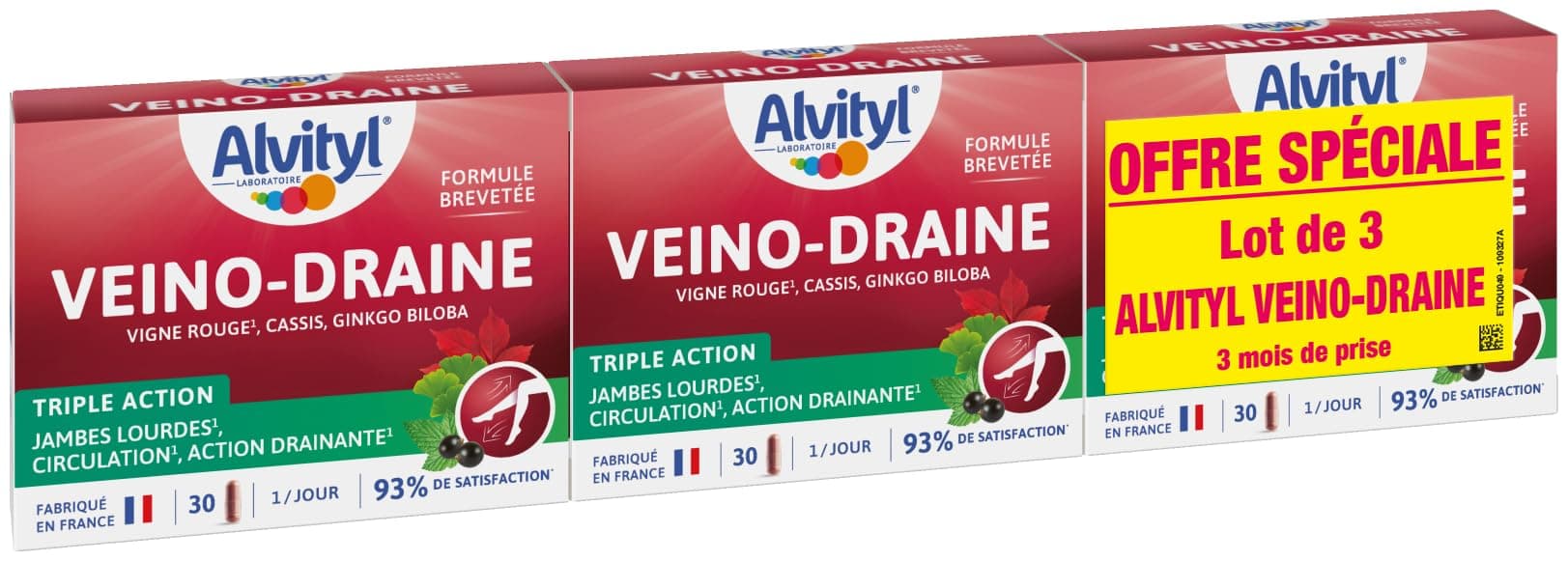 Alvityl - Lot x3 - Veino-Draine - Vigne Rouge - Cassis - Ginkgo Biloba - Circulation/Action Drainante/Jambes Légères - Lot 3x30 capsules