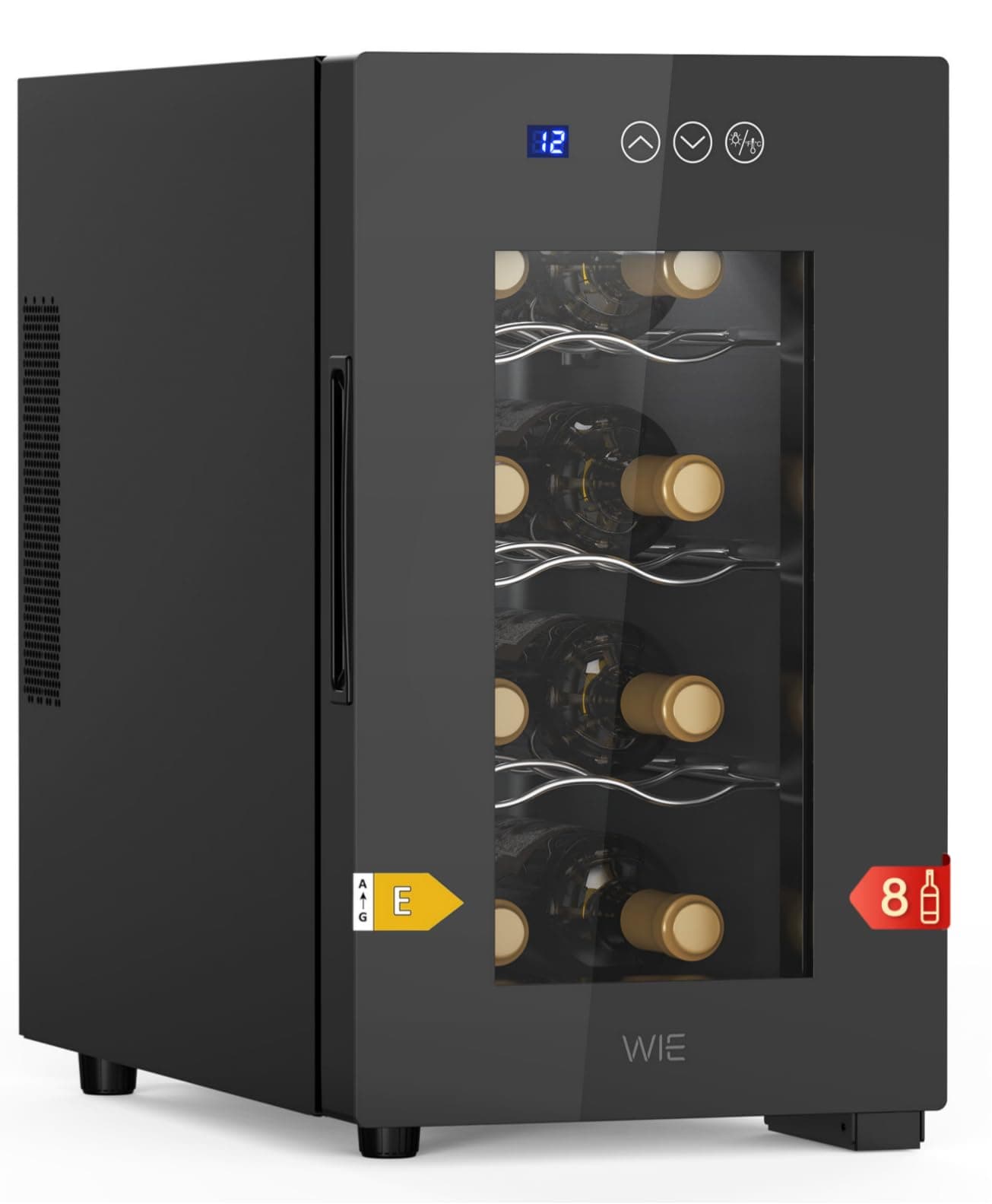 WIE Cantinetta Vino 8 Bottiglie, Raffreddamento Termoelettrico, Cantinetta Vino Refrigerata con Controllo touchscreen, Porta in Vetro a Specchio, Ripiani Regolabili, Luce LED, Muto, 5-18℃