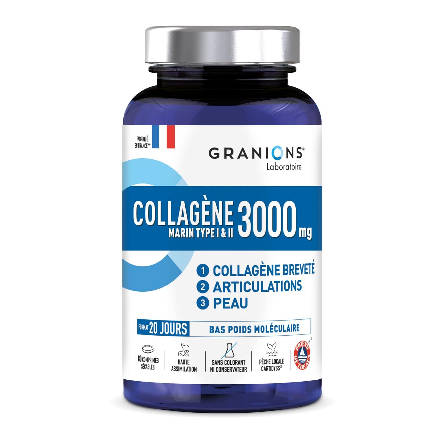 COLLAGENE MARIN 3000 MG GRANIONS - Collagene Marin Type 1 et 2 - Collagene Marin + Cuivre + Manganese - Peptide de Collagene - Peau Beauté - repousse cheveux - 80 comprimés