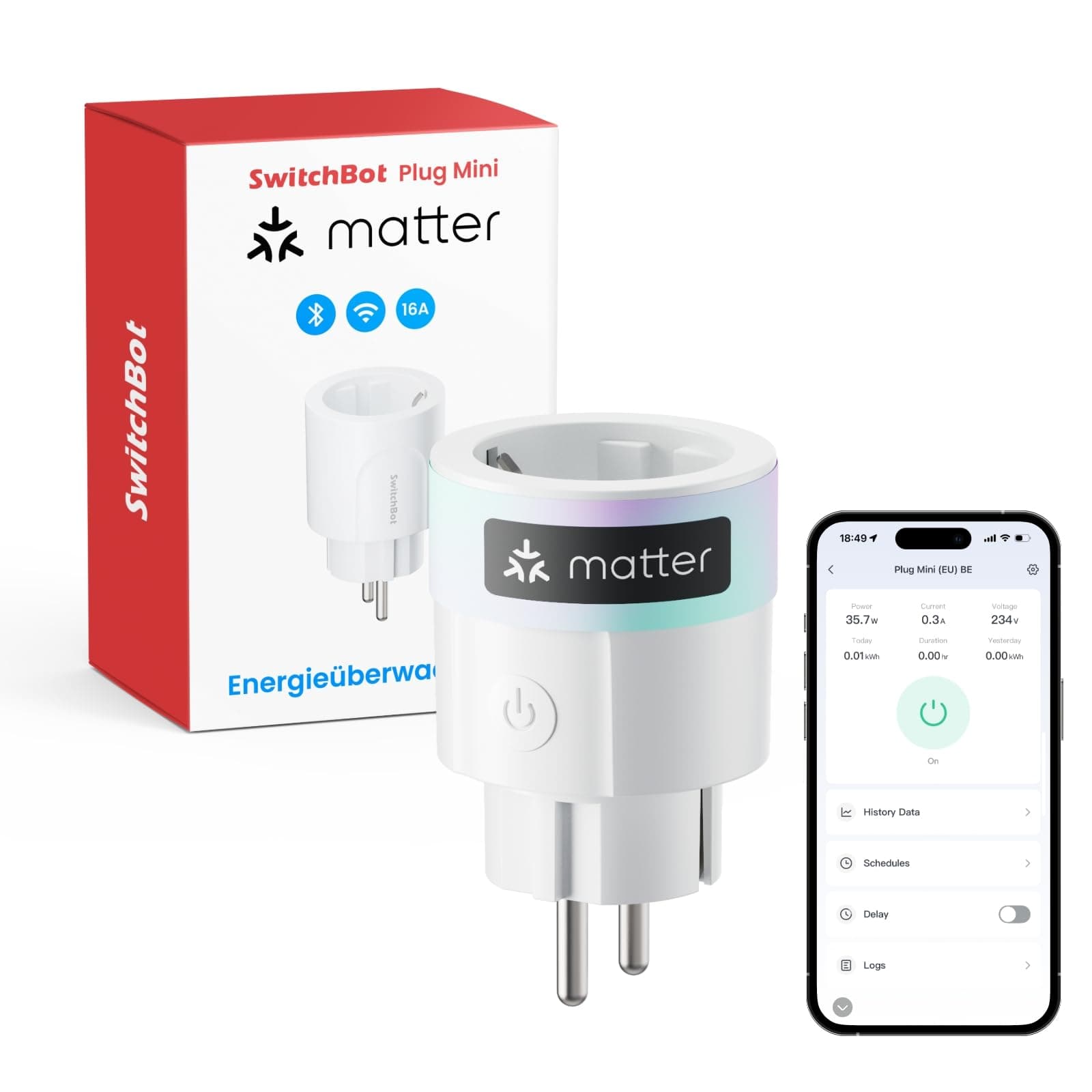 SwitchBot Plug Mini Matter-fähig mit Leistungsüberwachung, WLAN Steckdose kompatibel mit Alexa, Google Home, Apple Home und Home Assistant (via Matter), Sprachsteuerung, Fernzugriff, 16A Type-F