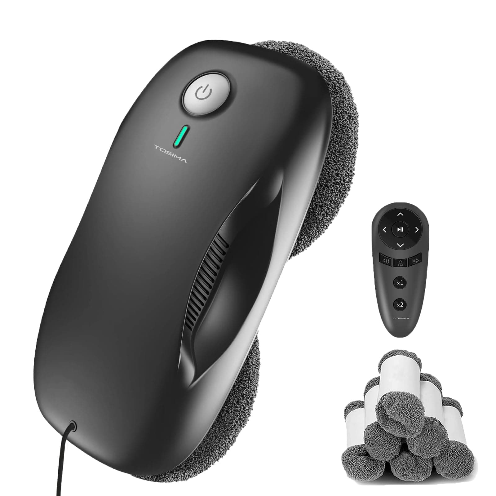 Tosima Robot Limpiacristales, Robot Limpieza de Ventanas Electrico, Sistema de Seguridad, Navegación Inteligente, Control Remoto, para Todas Las Superficies Lisas, con 12 Trapo (W2, Black)