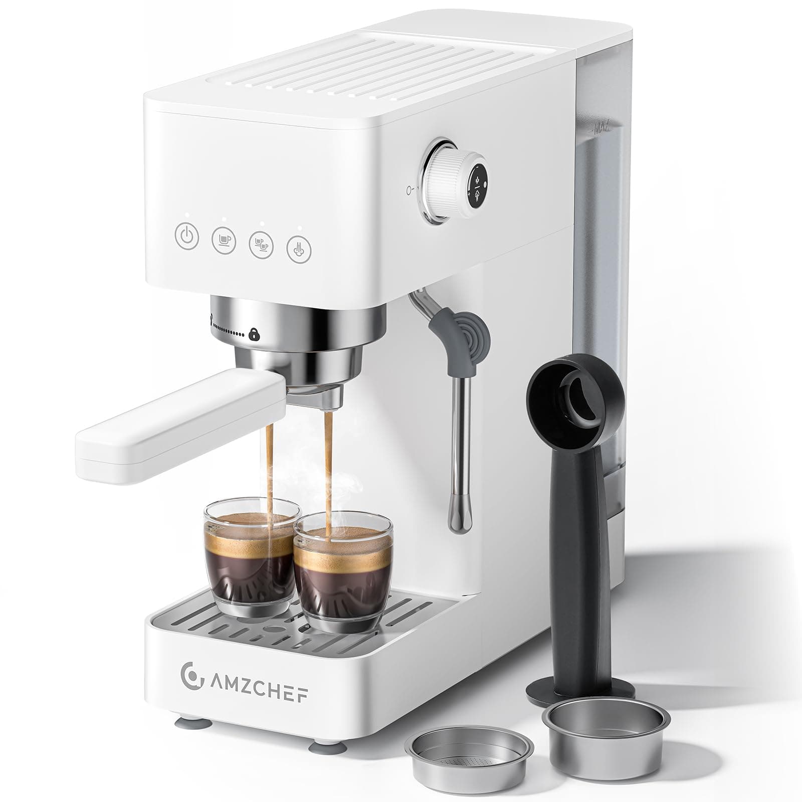 AMZCHEF Cafetera Espresso de 20 Bares, coffee machine con espumador de leche profesional, pequeña cafetera espresso para capuchino, latte y macchiato, depósito de agua de 1,5L, 1350W,color blanco