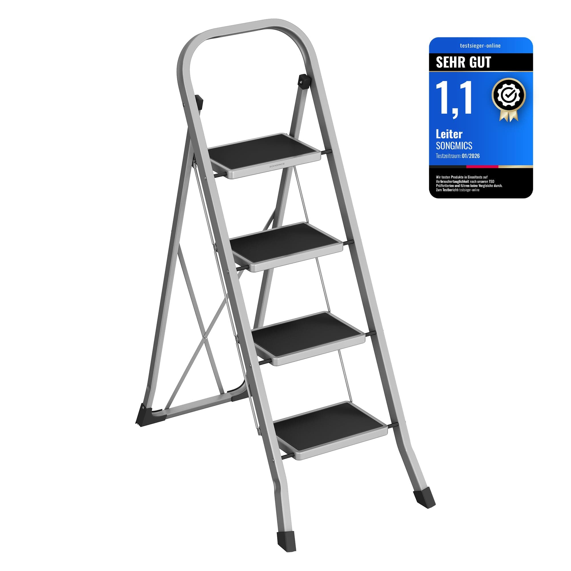 SONGMICS Trittleiter, Leiter mit 4 Stufen, Klapptritt, Klappsicherung, einfach zu verstauen, bis 150 kg belastbar, Taubengrau GSL004G01