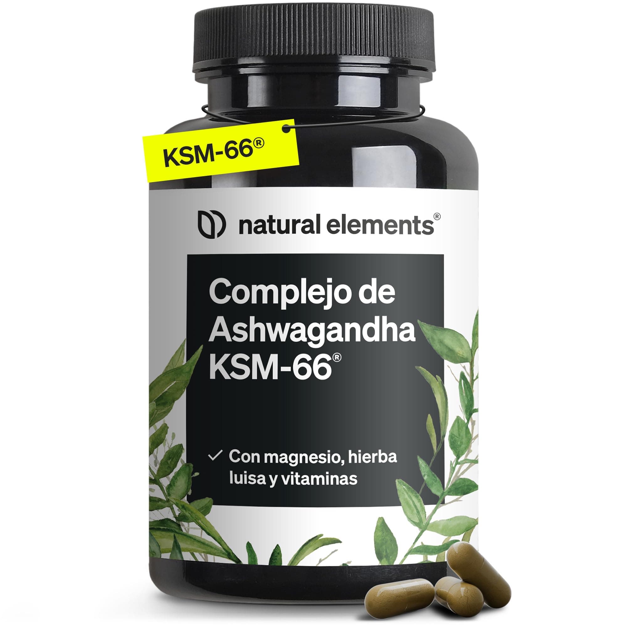 Ashwagandha KSM-66® - 600 mg de extracto de raíz de ashwagandha - Con Hierba luisa, Magnesio, Ácido fólico y Vit. C, B6, B12-120 Cápsulas - Probado en laboratorio, vegana y sin aditivos