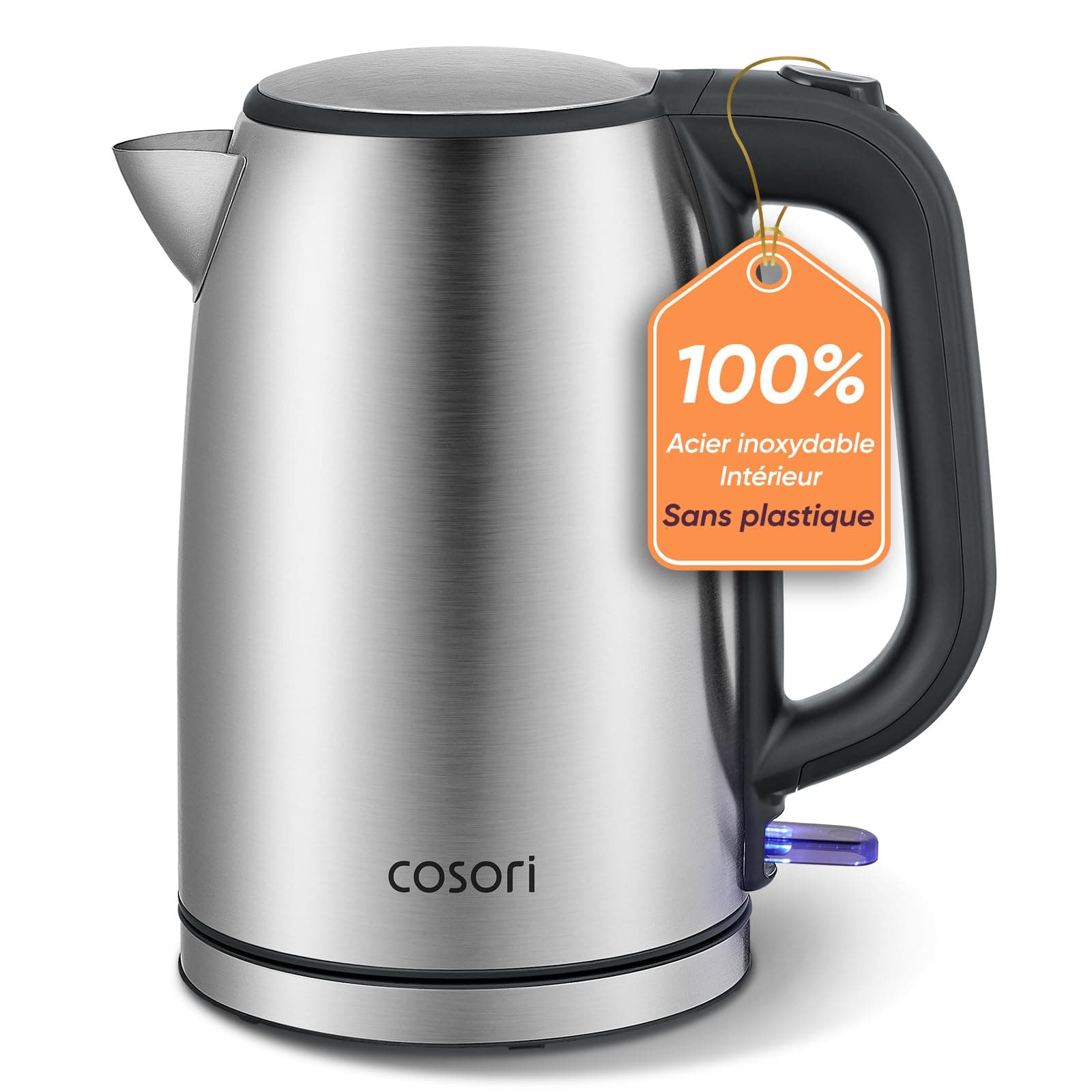 COSORI Bouilloire Électrique en Acier Inoxydable, 1,7 L, 2200 W, Sans Plastique au Contact de L'eau, Technologie Strix, Ébullition en 3 Minutes, Large Ouverture, Base Pivotante à 360°, Noir et Argent