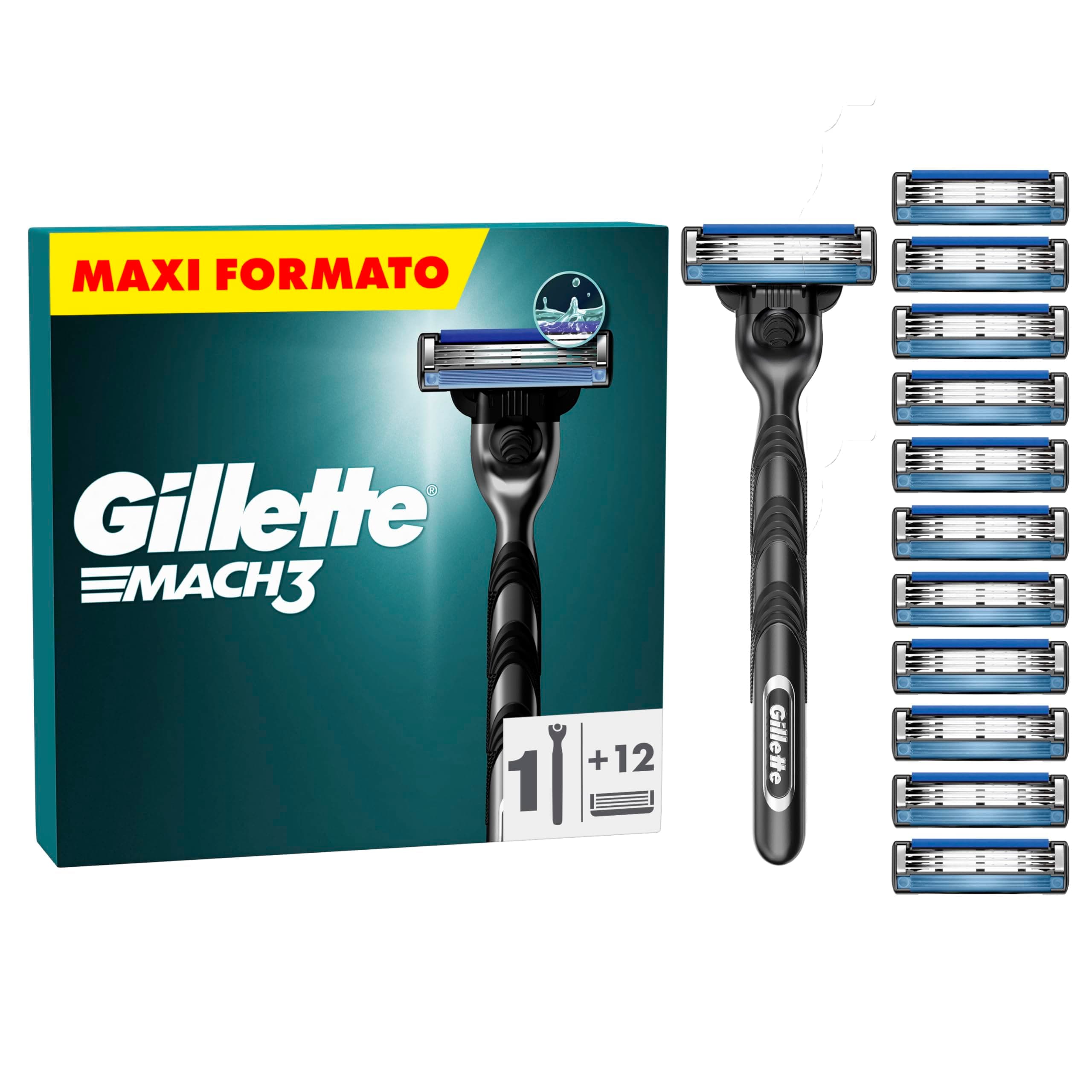 Gillette Mach3 Regolabarba Uomo, Lame Rasoio a Mano Libera, 1 Manico e 12 Lamette da Barba da 3 Lame, Facile Risciacquo, con Gel Lubrificante, Fino a 15 Rasature con 1 Testina