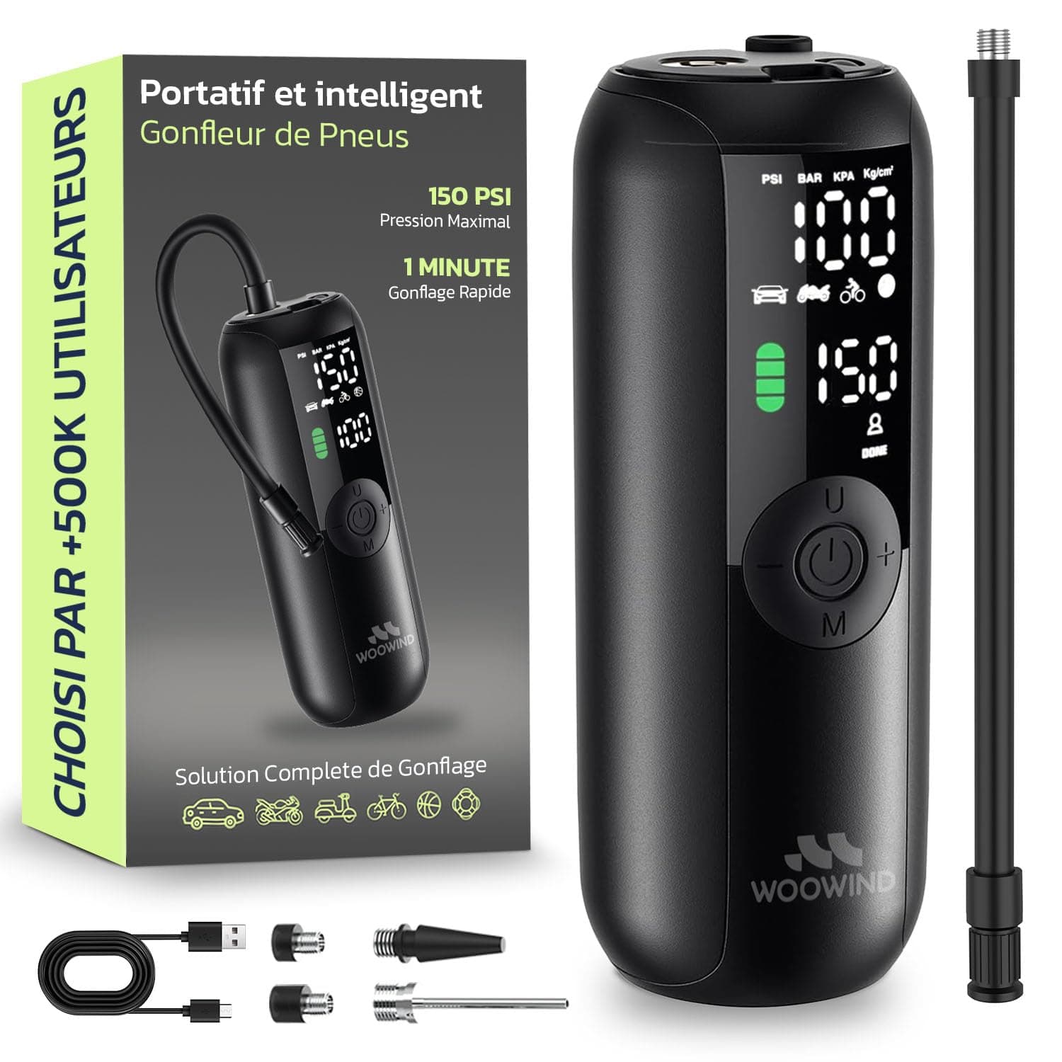 Woowind Gonfleur Pneus Voiture, Pompe A Velo, Gonflage en 1 Minute, 150PSI/10,3BAR Compresseur à Air Portatif pour Voitures, Vélos, Motos et Ballons avec Arrêt Automatique, Ecran LCD et Lampe LED