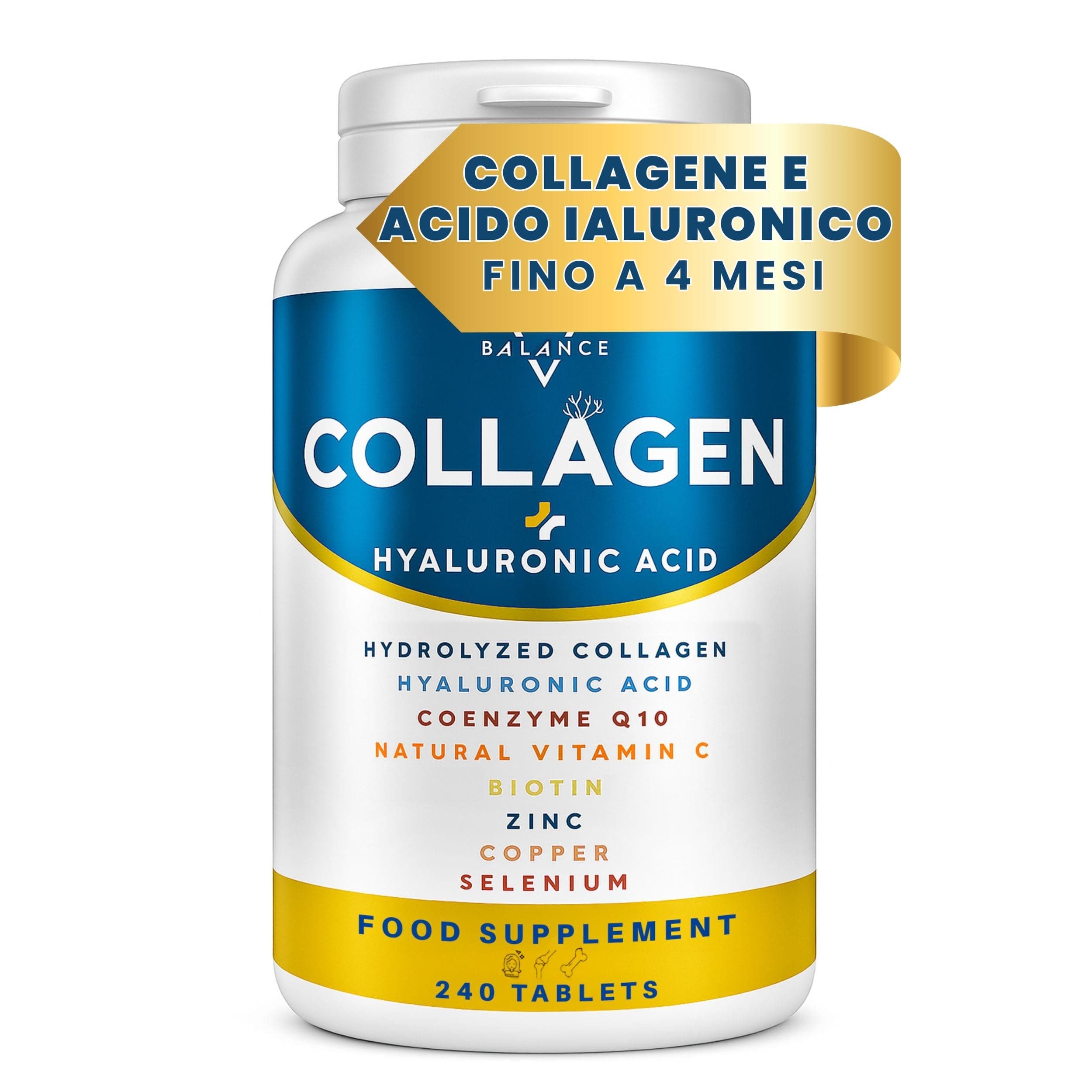 COLLAGENE IDROLIZZATO 2000MG - 240 COMPRESSE | Collagene e Acido Ialuronico, Coenzima Q10, Vitamina C, Biotina e Zinco per Pelle, Ossa e Articolazioni