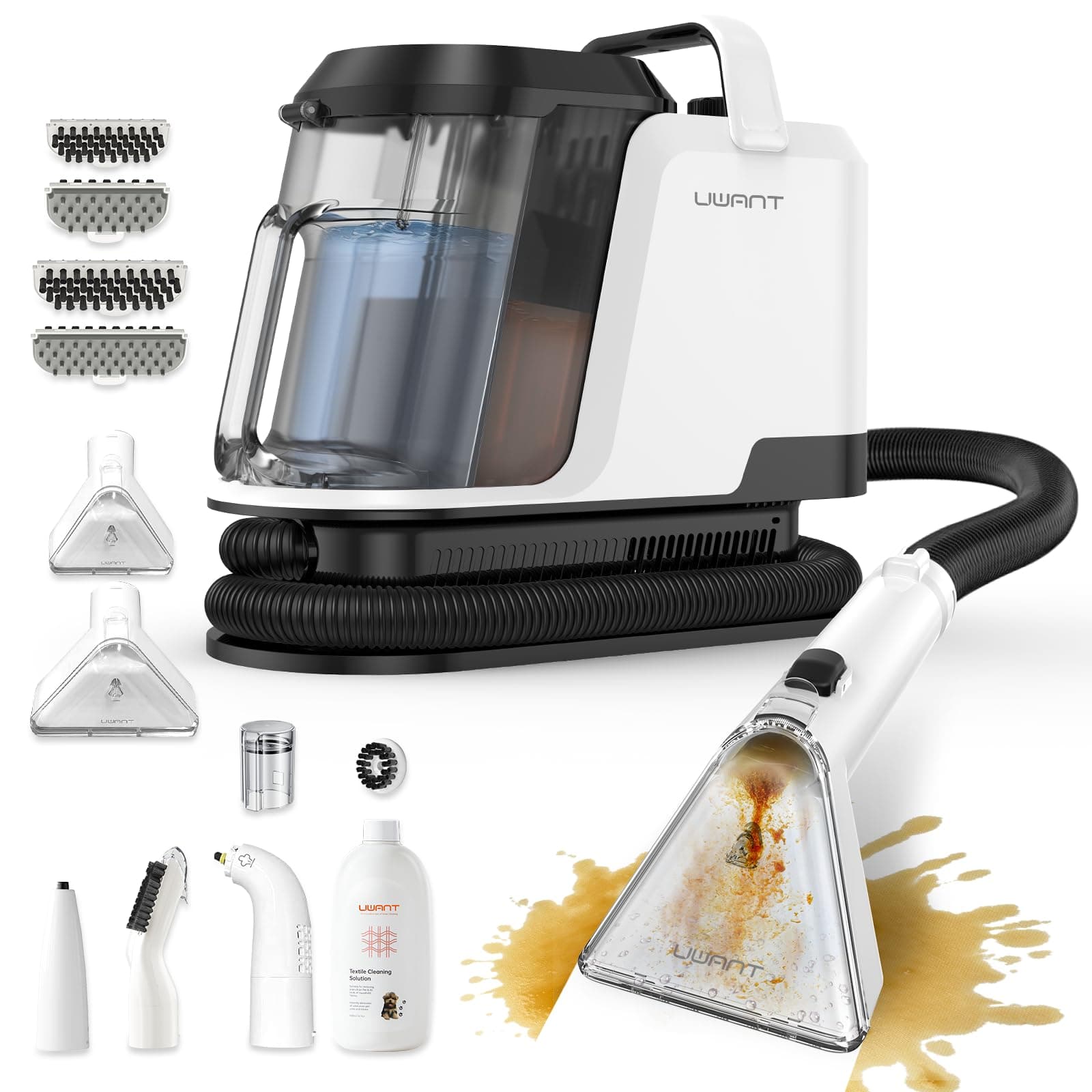 Uwant Lavatappeti Lava e Asciuga a Vapore Y100S 600W 18KPa, 3in1 Fredda/65℃ Calda/100℃ Vapore, Spazzole multiple Lava Divani/Tappeti/Auto/Cucina, 2.4L Serbatoio Auto-pulizia Portatile Lavatessuti