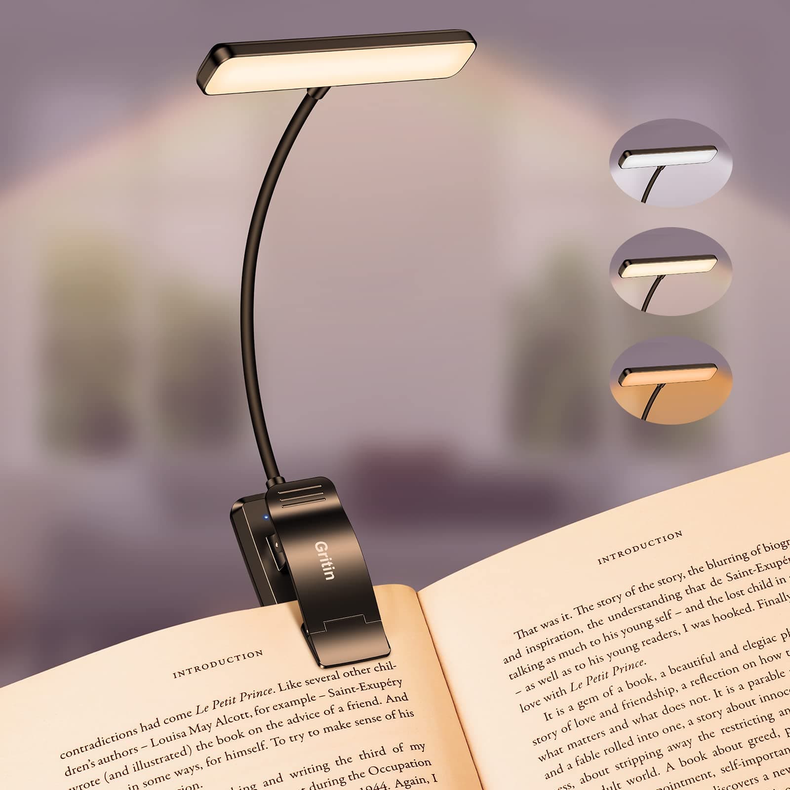 Gritin 19 LED Lampada Luce da Lettura per Libro, Luce per Lettura Libri a Letto con Clip Ricaricabile, 3 Temperature di Colore, Dimmerabile Senza Livelli, Lunga Durata, per Studio, Lavoro a Maglia
