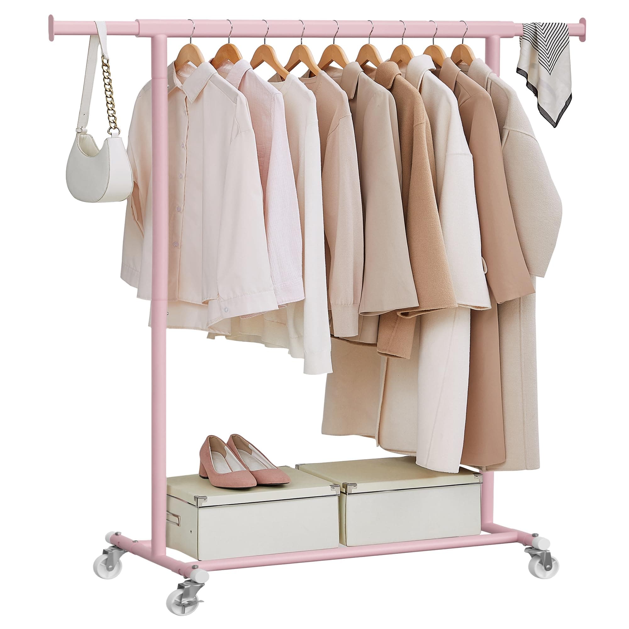 SONGMICS Stand Appendiabiti con Ruote, Attaccapanni Estensibile per Carichi Pesanti, Portata Totale 100 kg, 45 x (92-132) x 161,5 cm, Facile da Montare e Spostare, Rosa Pastello HSR013R01