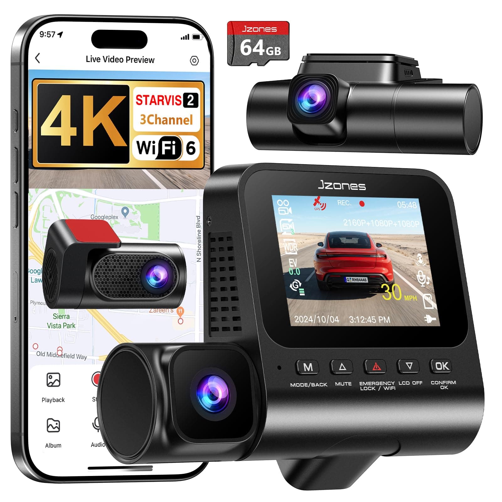 3 Canale Dashcam Auto 4K, Visione Notturna STARVIS 2 e HDR con Dash cam Anteriore, Posteriore e Interna, Registrazione Loop, Parcheggio Sorvegliato 24H, Sensore G, WiFi 6, GPS e Scheda SD 64GB Inclusa