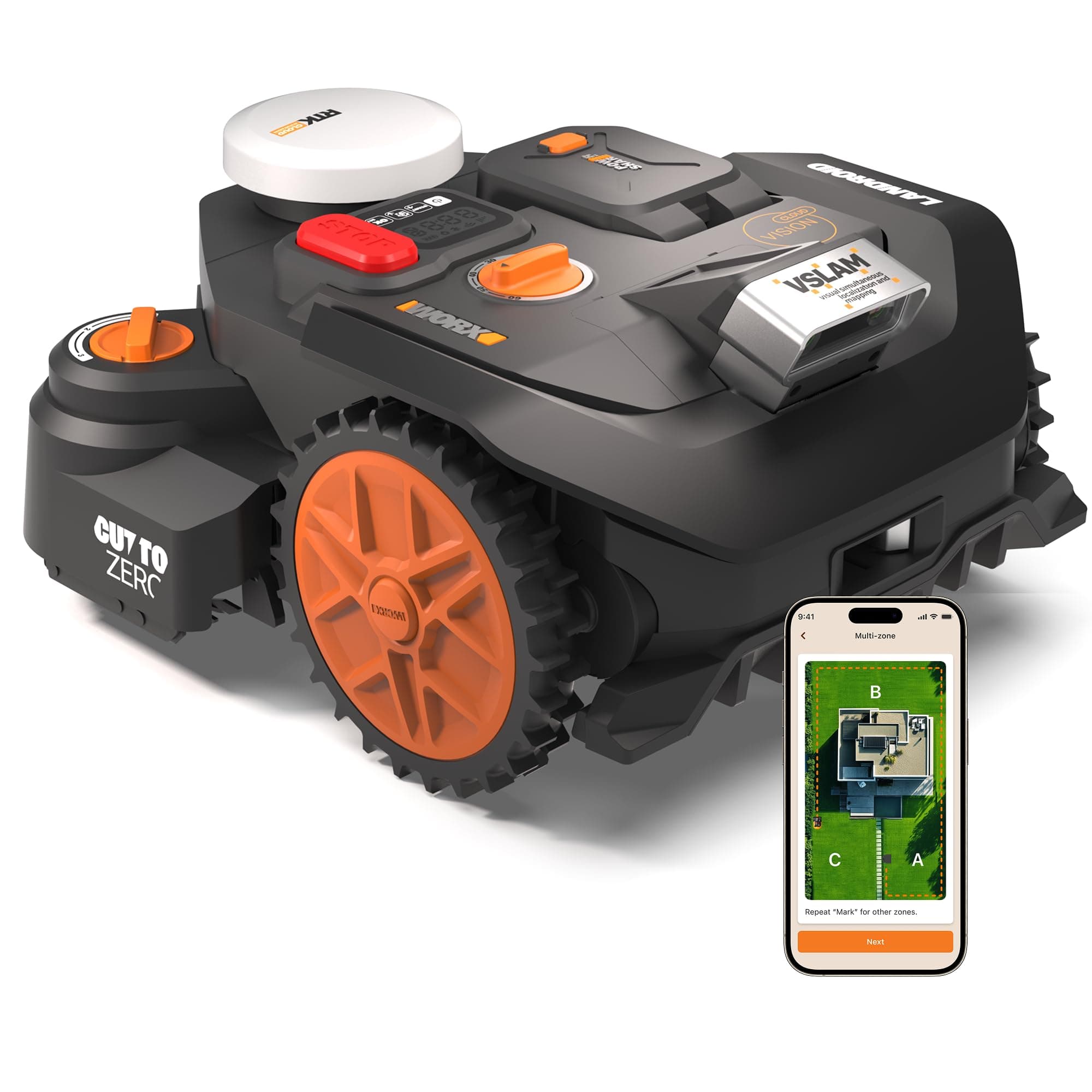 WORX Vision Cloud 2WD Robot Tondeuse WR306E, sans Fil périphérique, jusqu'à 600 m² (évitement d'obstacles par IA, Navigation VSLAM + RTK Cloud, cartographie Auto, contrôle Via l'app, Cut-to-Zero)
