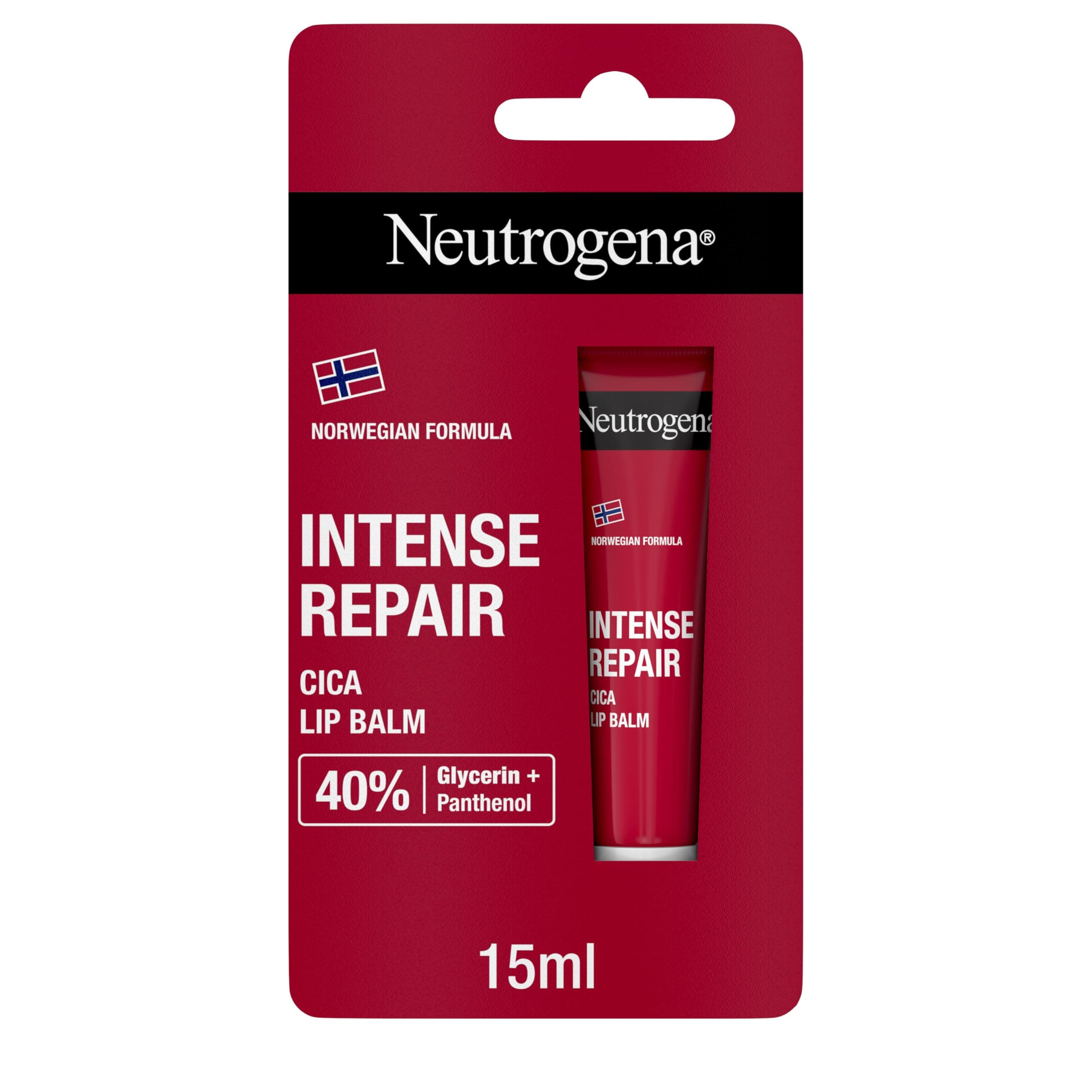 Neutrogena Fórmula Noruega Bálsamo Labial Cica Reparación Intensa (1 x 15 ml), bálsamo hidratante labial con 40% glicerina y pantenol, para labios secos y dañados