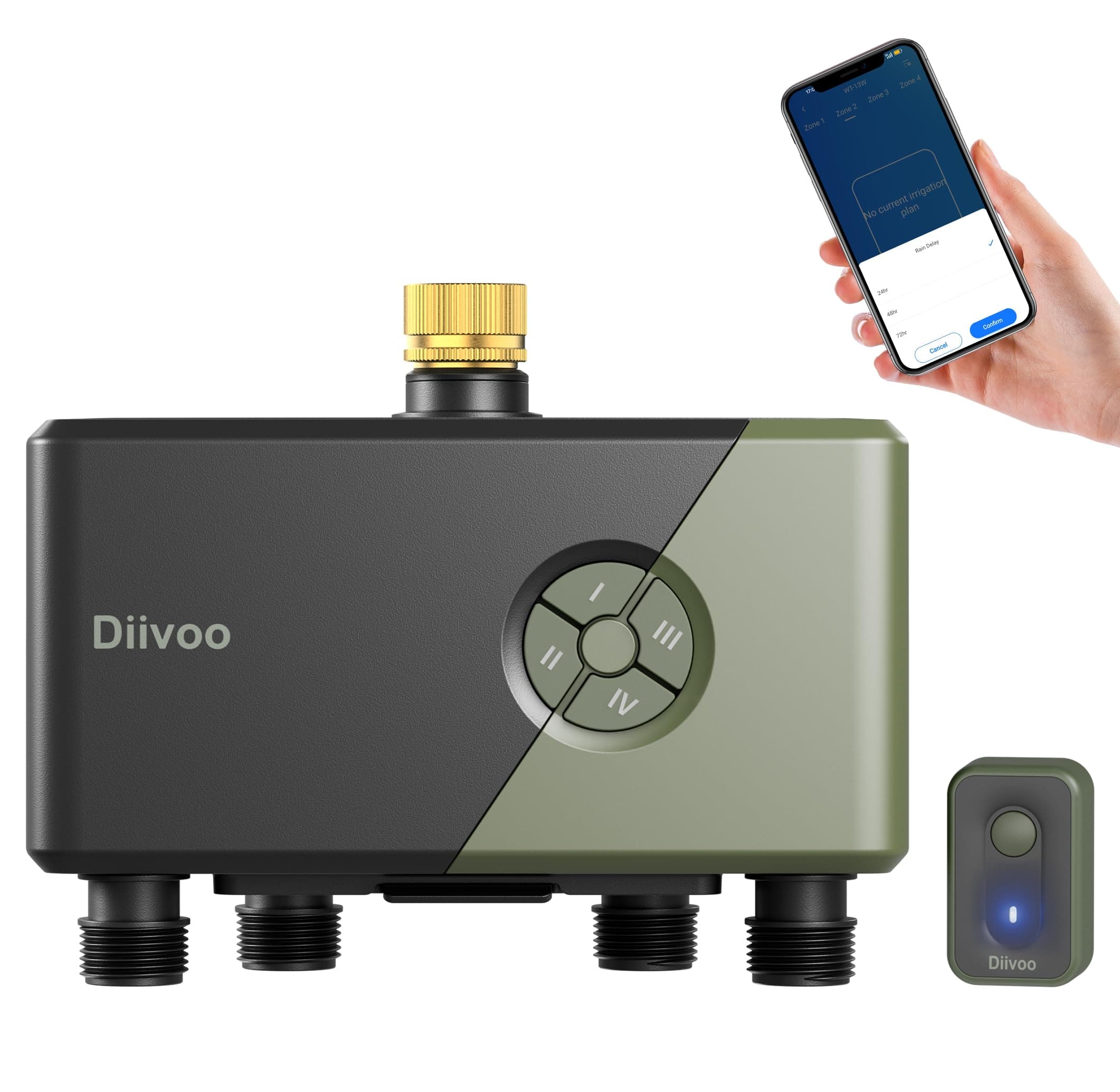 Diivoo Timer Irrigazione WiFi 4 Zone con Ingresso in Ottone, Centralina Irrigazione 4 Uscite Compatibile con Alexa/Google Assistant, 24 Piani di Irrigazione, Ritardo Pioggia & Modalità Nebbia